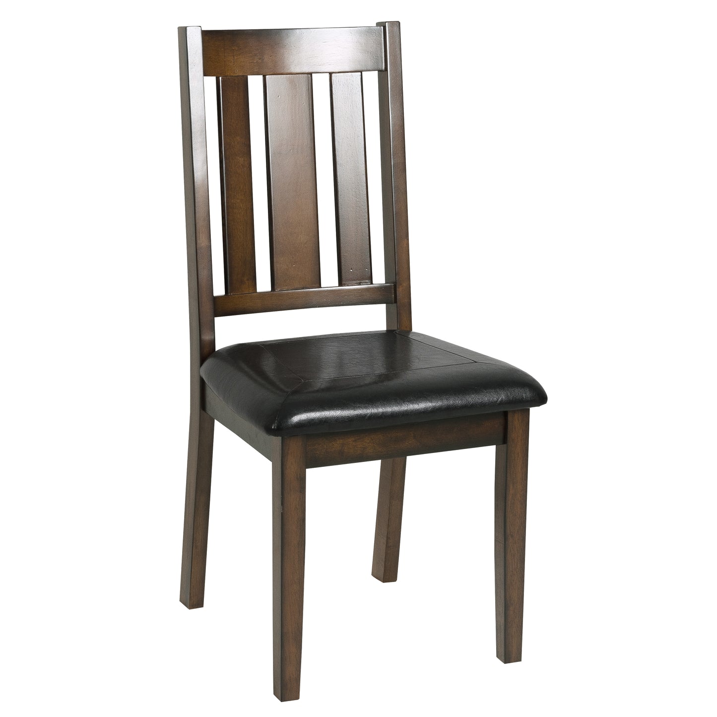 Dark wood dining chair with black faux leather seat featuring a slatted backrest for a modern aesthetic