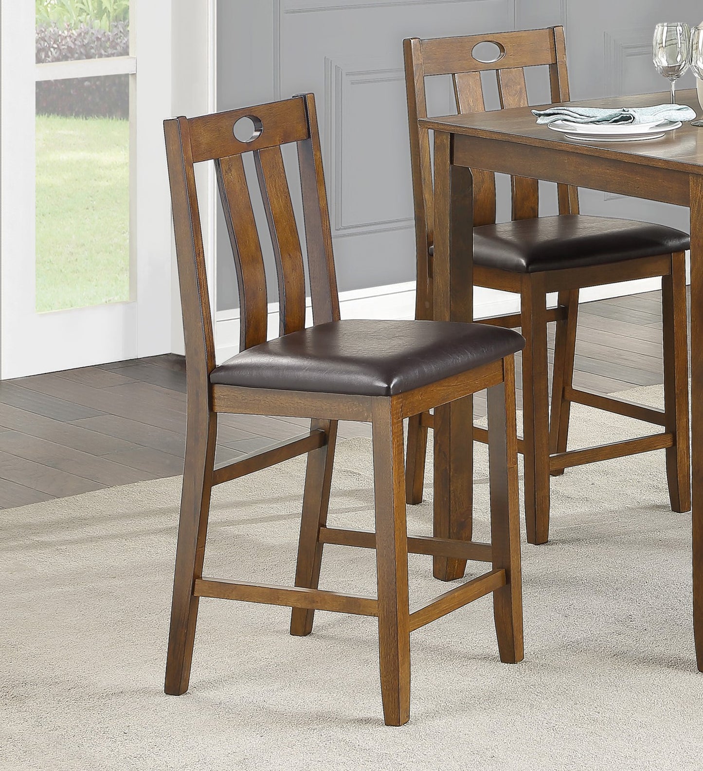 Elegant wooden bar stool with brown faux leather seat and slatted back