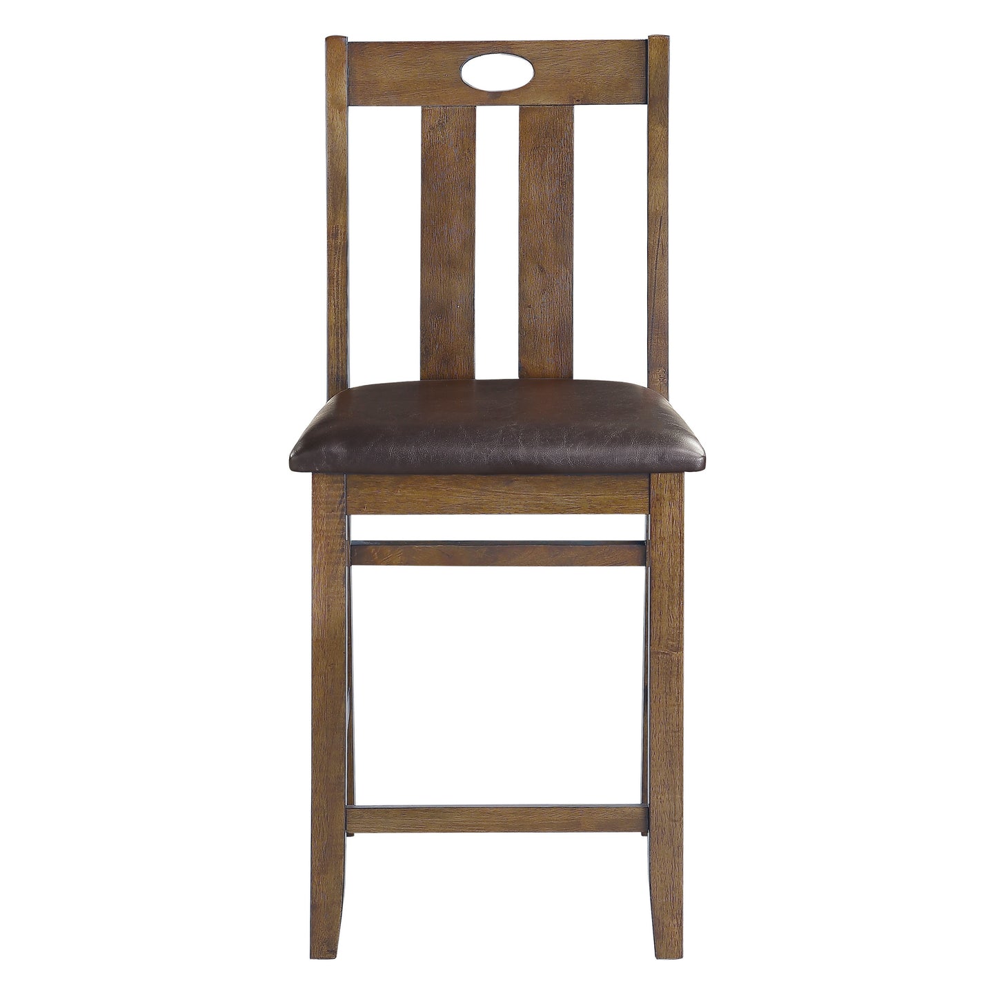 Rustic wooden dining chair with brown faux leather seat and oval back cutout