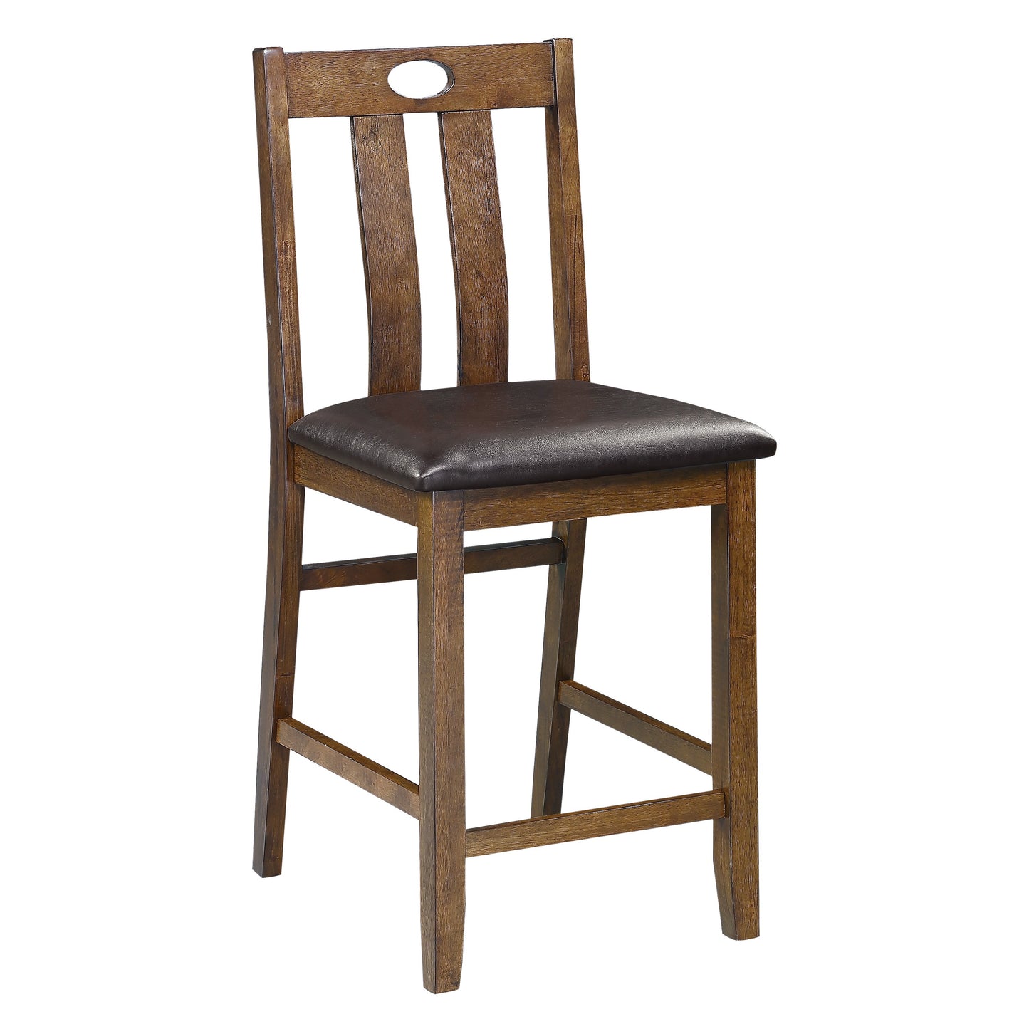 Rich brown wooden counter stool with dark brown faux leather seat and spindle back