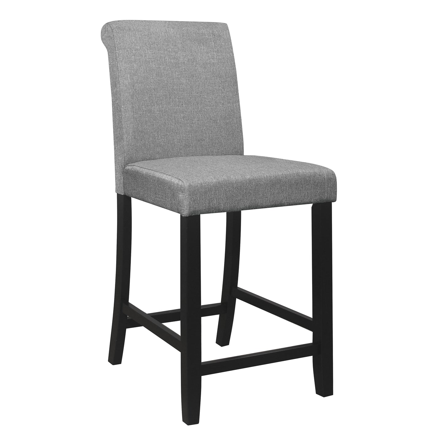 Grey upholstered bar stool with black wooden legs offering modern seating for kitchens