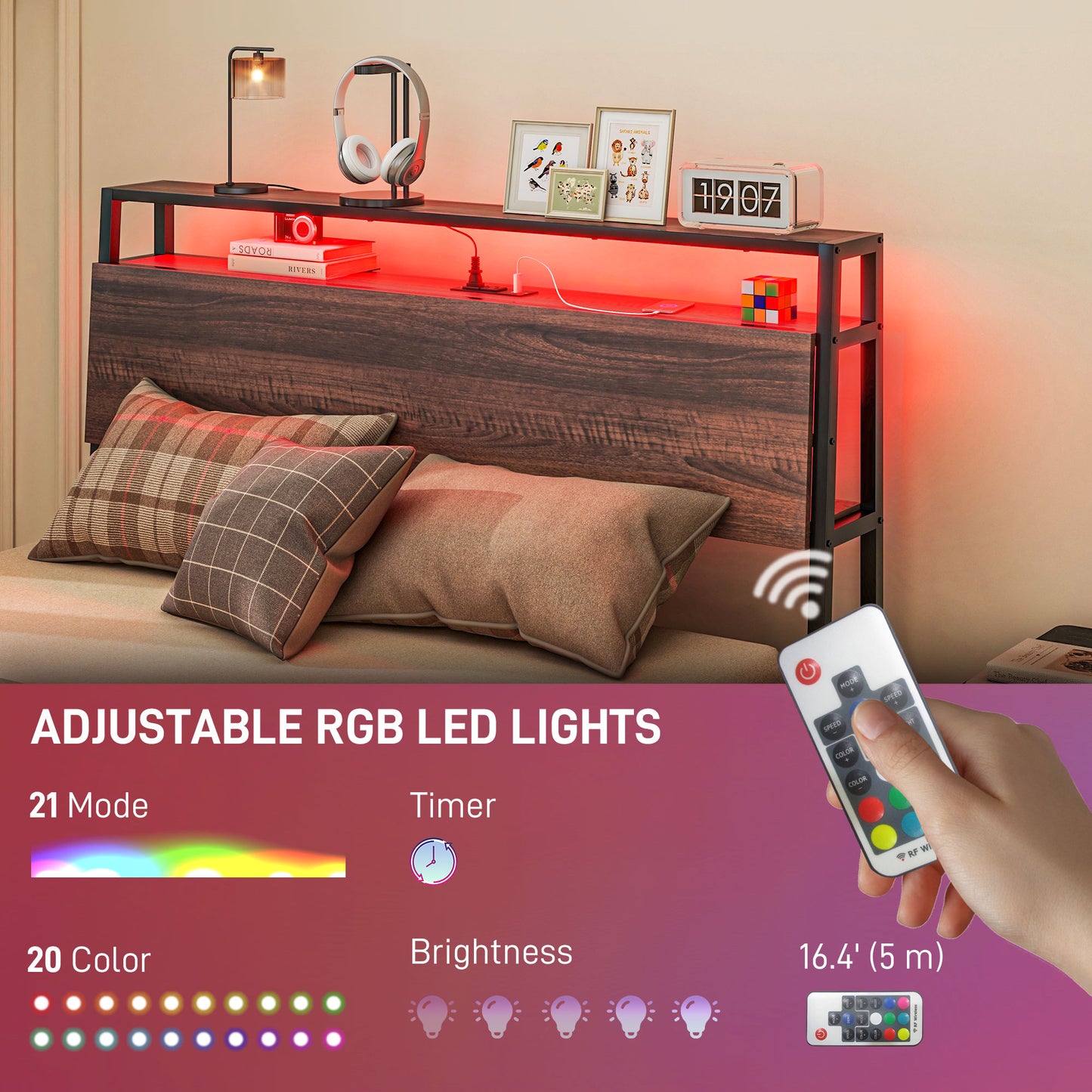 Rustic brown wood headboard with integrated adjustable RGB LED strip lights creating ambient mood lighting