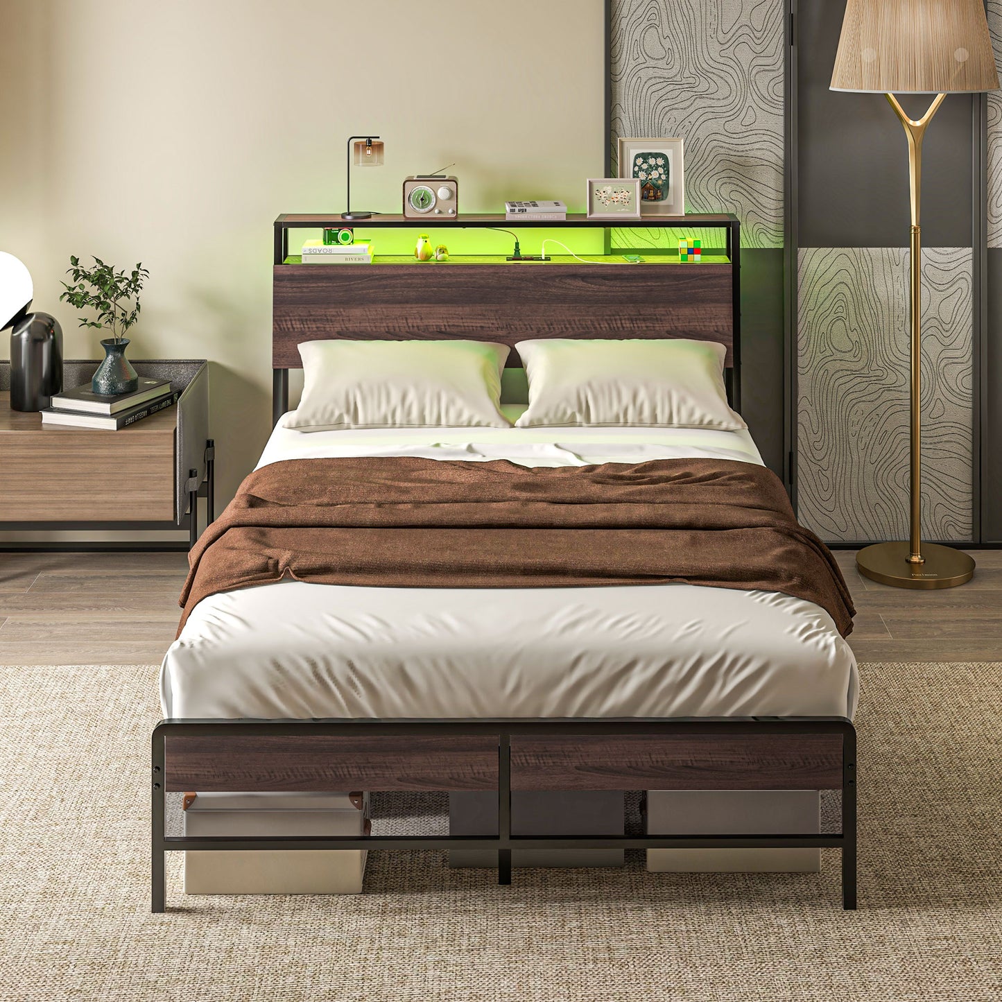 Modern platform bed with builtin headboard storage and green LED lighting