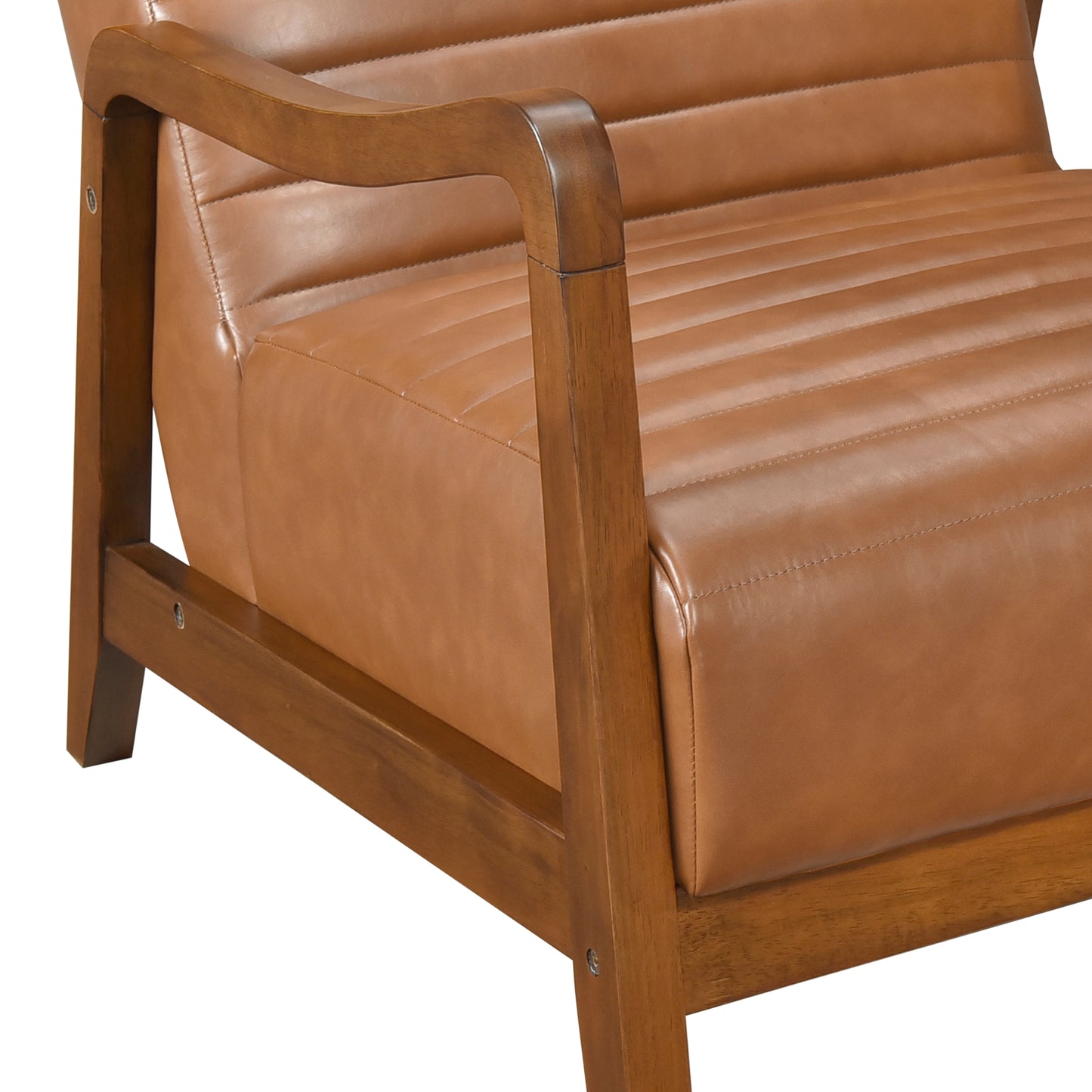 Brown leather armchair with channel tufting and solid wood frame