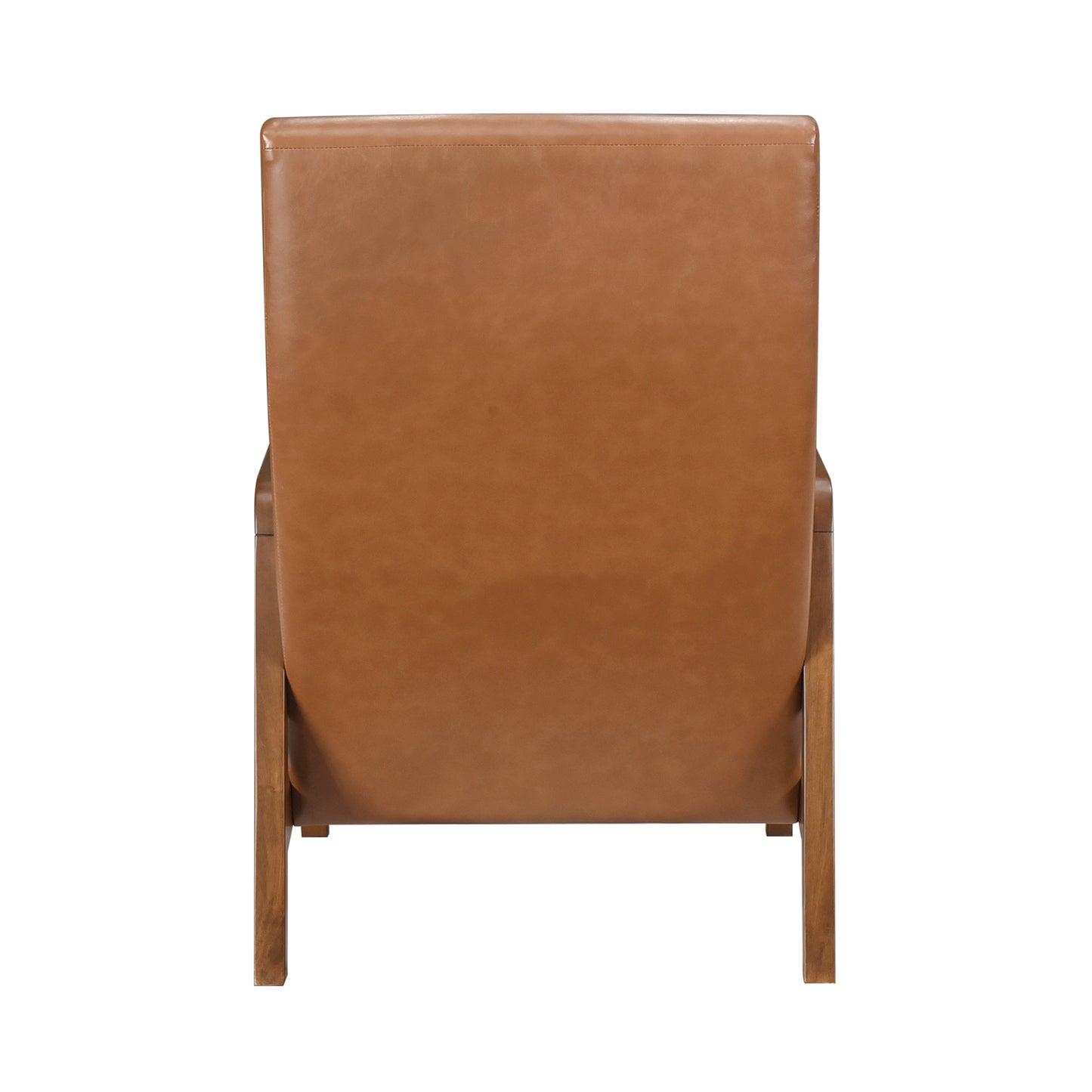 Back view of a caramel leather armchair with wooden legs perfect for modern living rooms