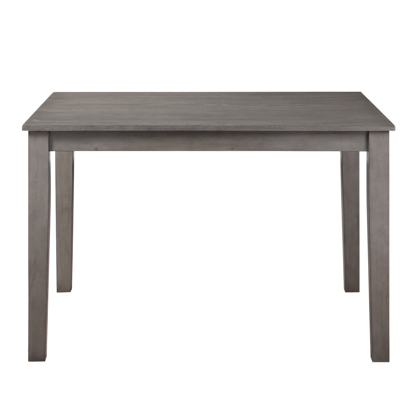 Gray wood dining table with tapered legs ideal for small kitchens