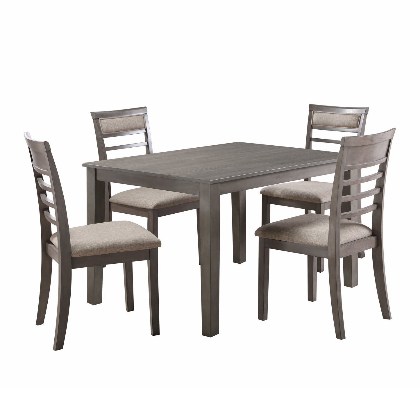 Gray rectangular dining table with four matching chairs linen upholstered seats