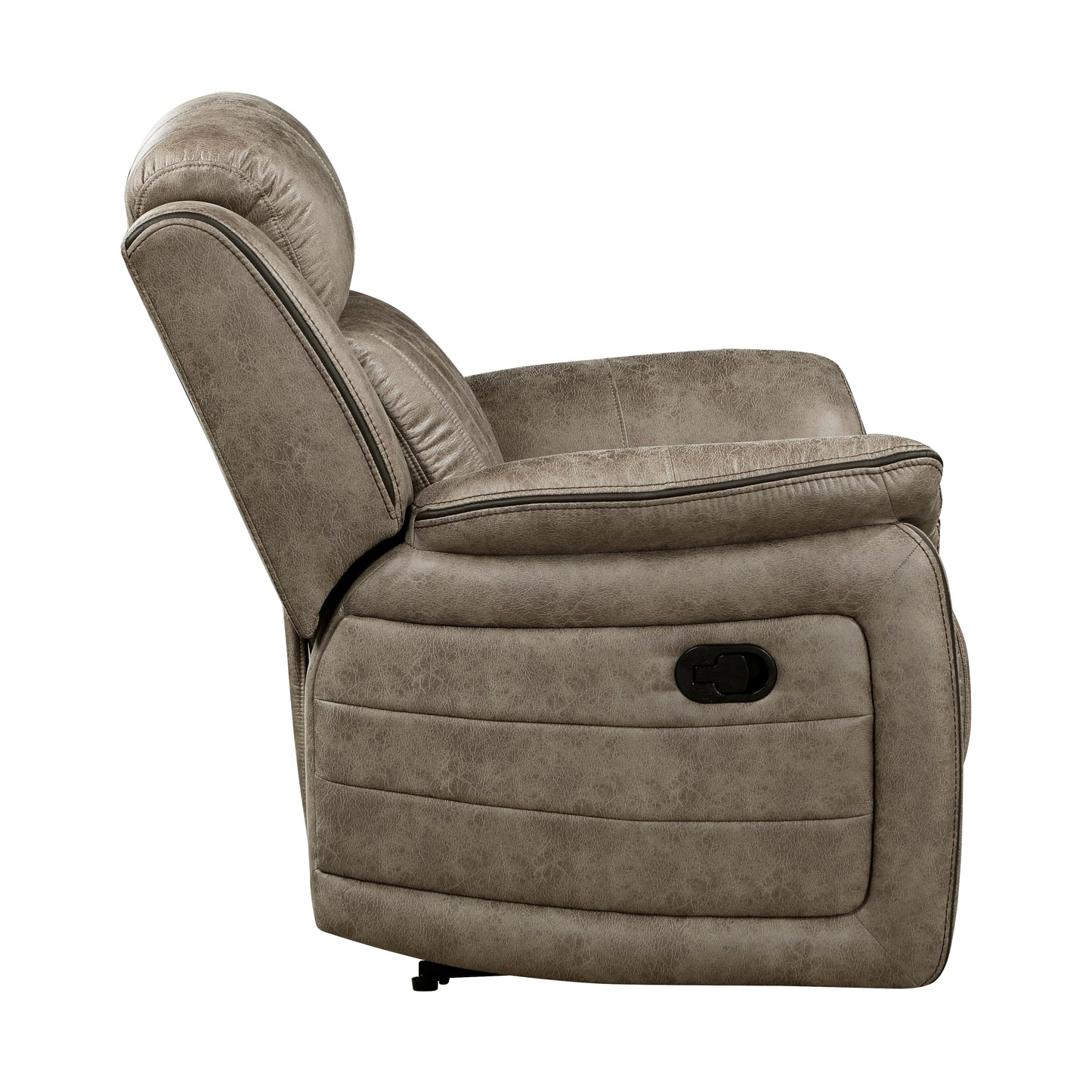 Grey faux leather recliner chair with padded headrest and lumbar support