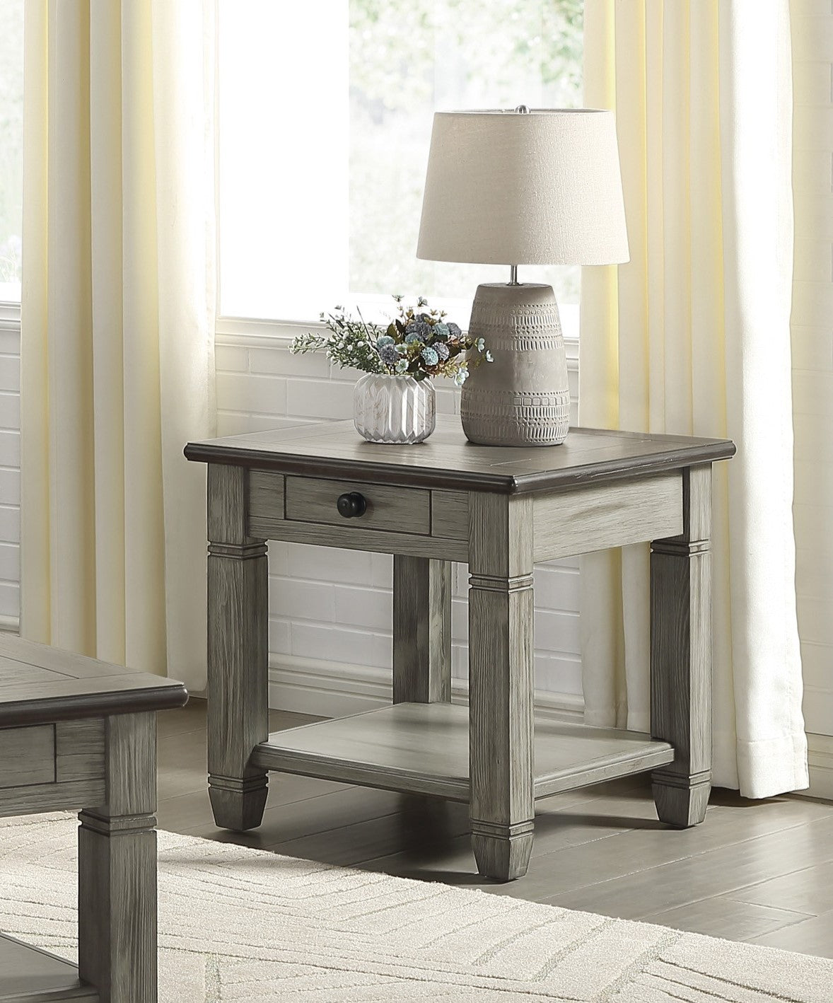Distressed gray wood end table with drawer and shelf perfect for living rooms