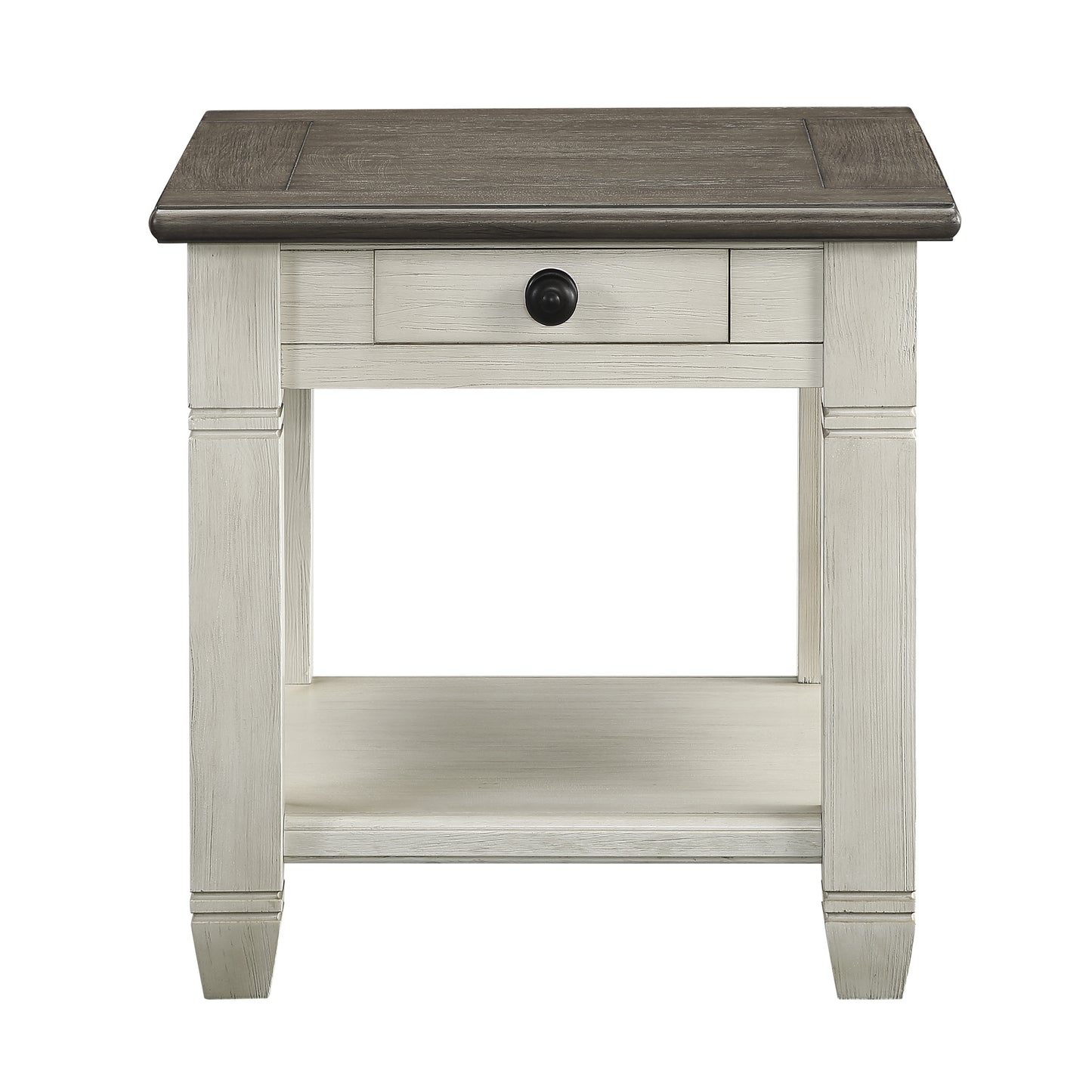 Distressed grey and white wood end table with one drawer and open shelf