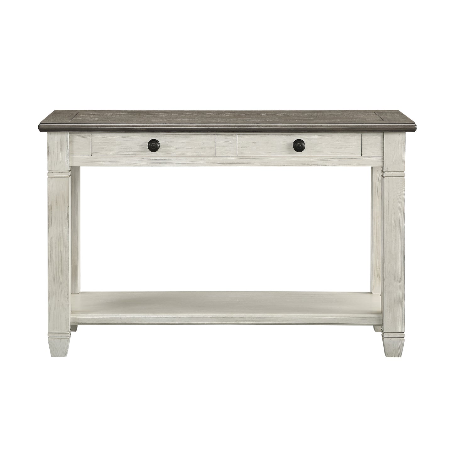 White and grey distressed wood console table with two drawers and a lower shelf