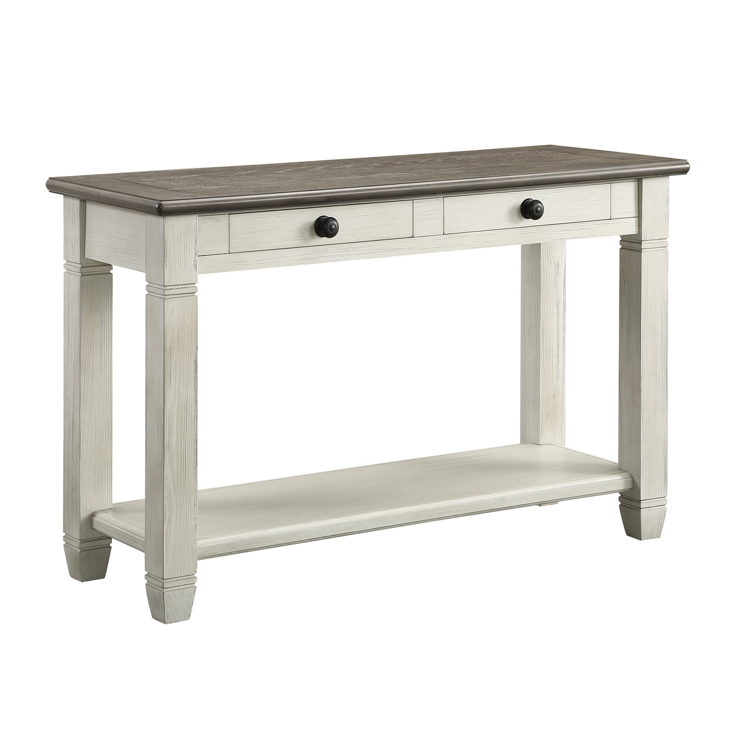 Twodrawer white wood console table with distressed gray top