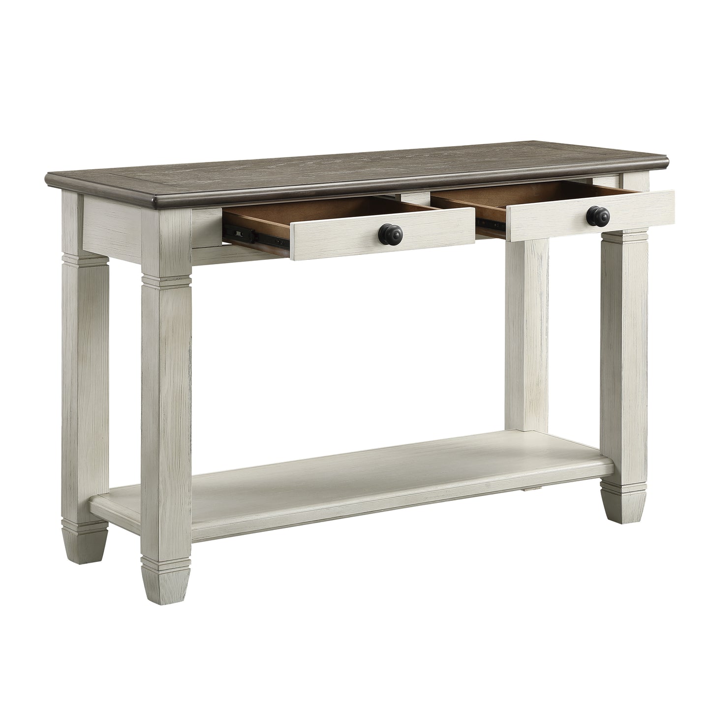 Rustic farmhouse console table in distressed white and grey wood finish with two drawers and open shelf