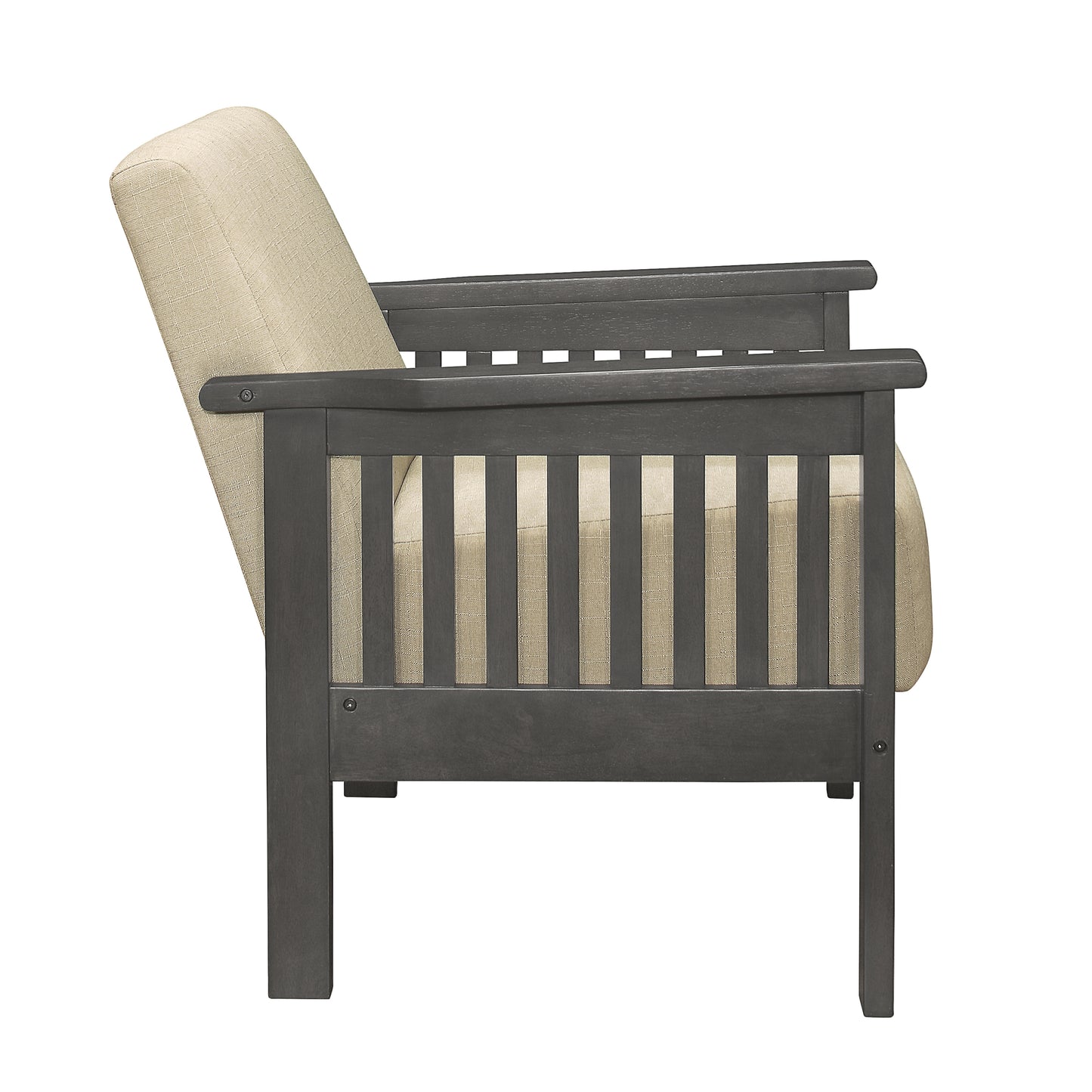 Charcoal grey wooden armchair with beige textured upholstery perfect for a modern living room