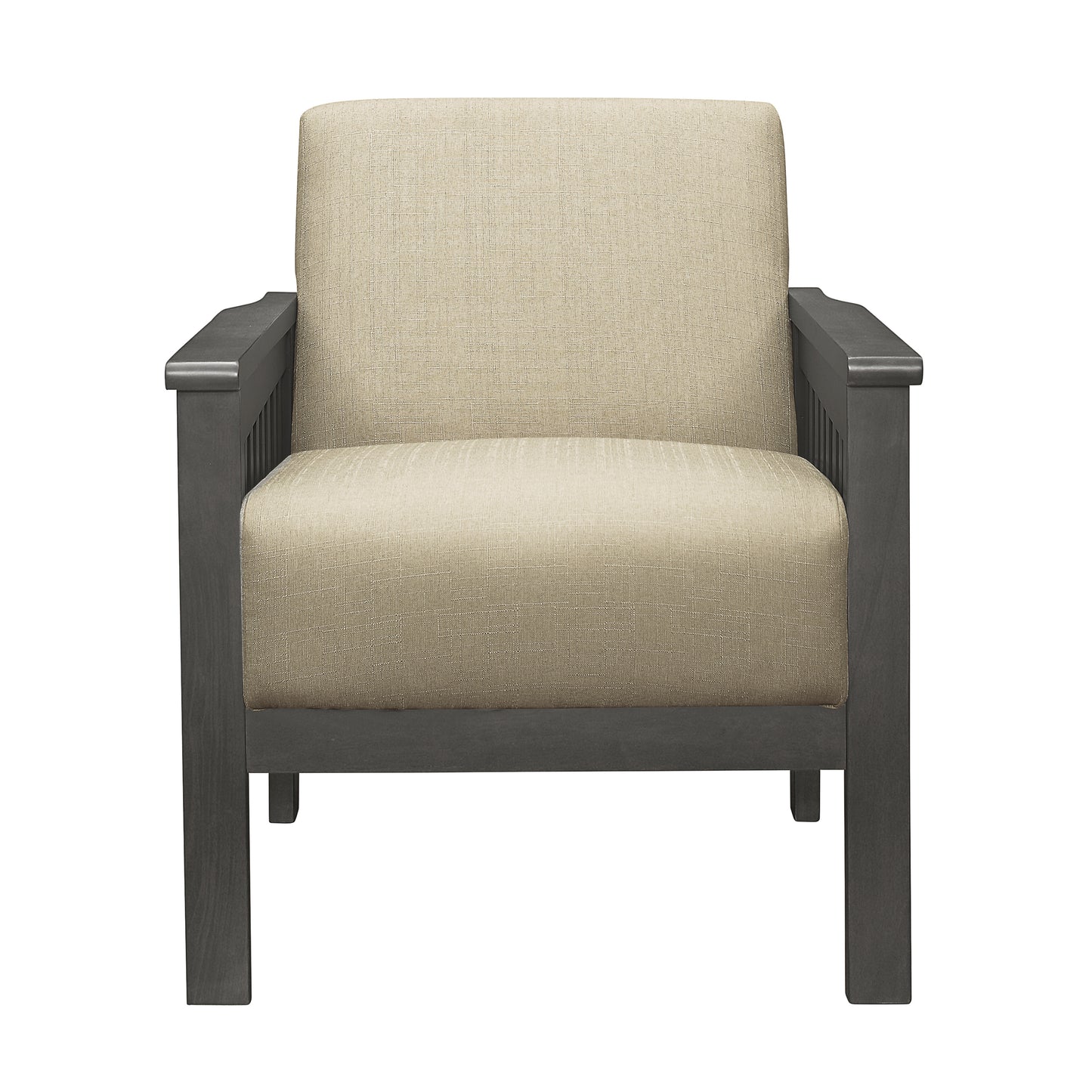 Tan upholstered armchair with dark wood frame and arms for a living room