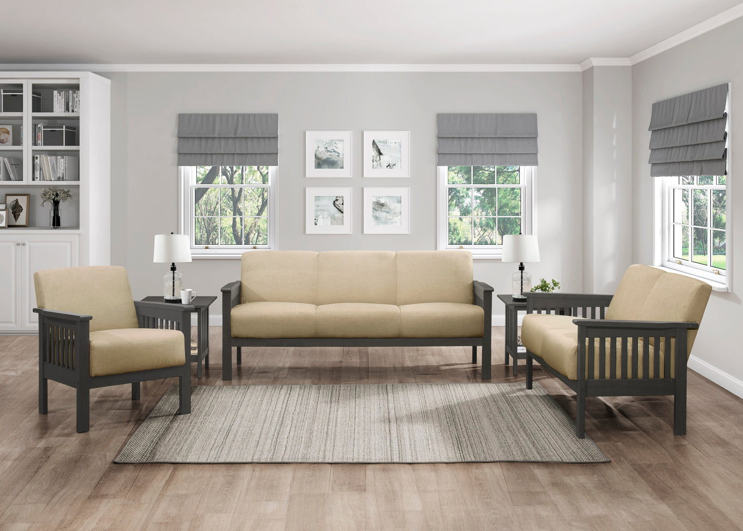 Tan fabric armchair with dark gray wooden frame and slatted arms part of a living room set