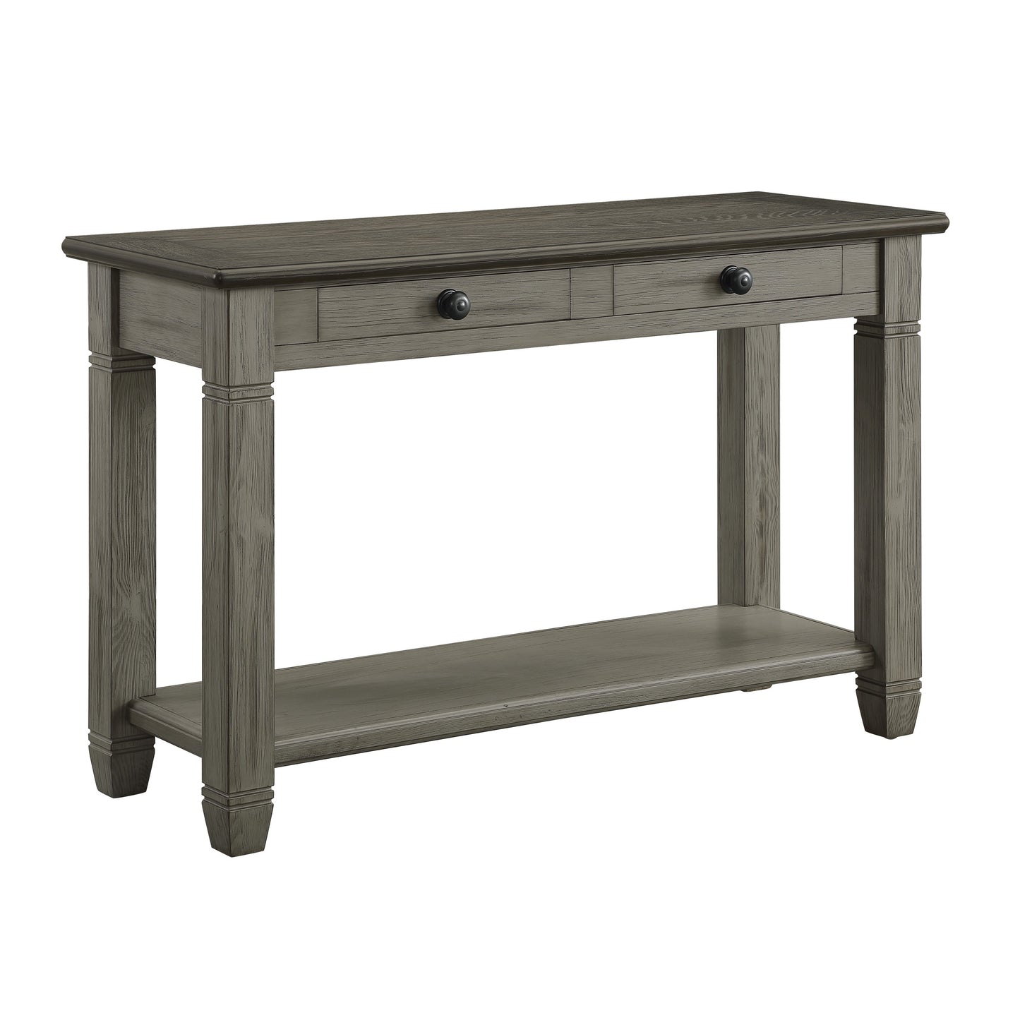 Rustic grey wood console table with two drawers and lower shelf