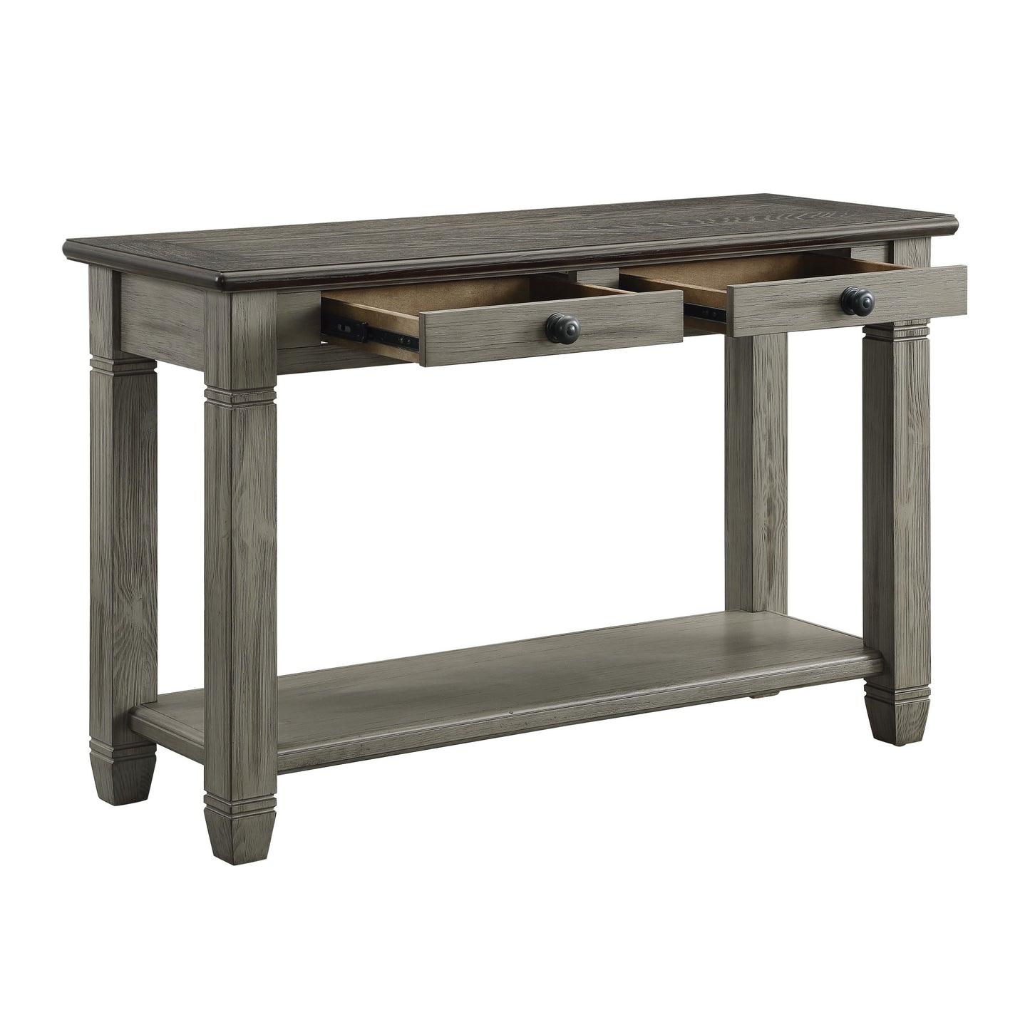 Gray wood console table with two drawers and a lower shelf