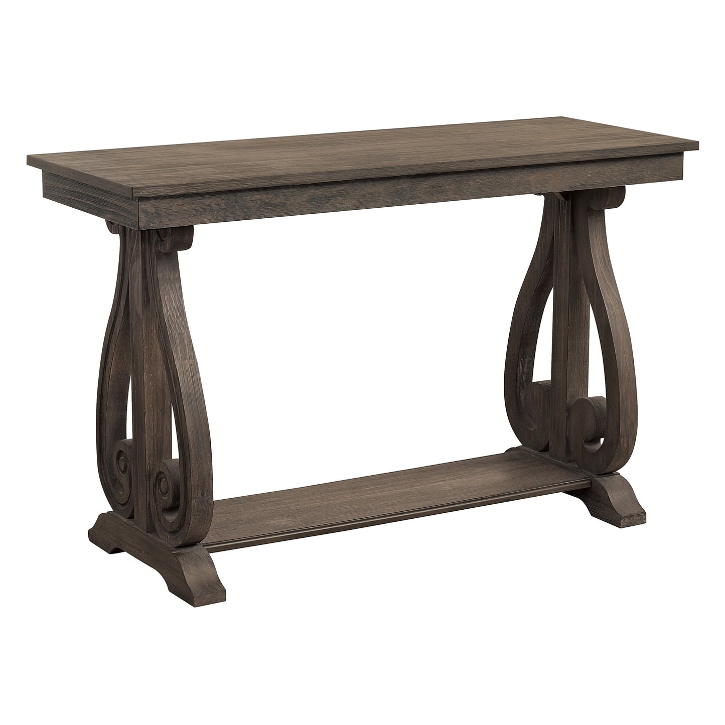 Dark oak console table with carved pedestal legs and lower shelf