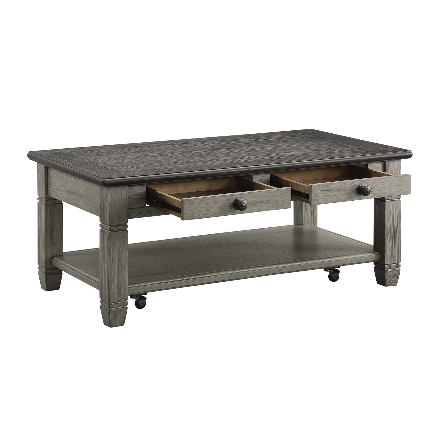 Gray wood coffee table with two drawers open on wheels