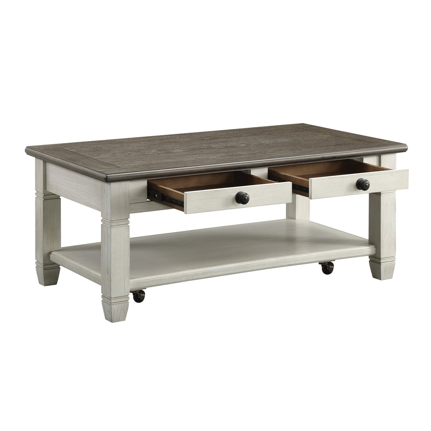 Rustic white and gray wood coffee table with two drawers and a lower shelf