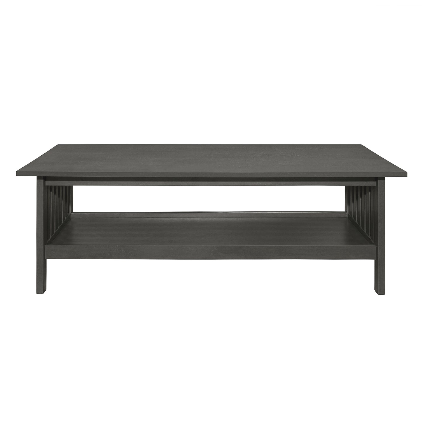 Dark grey rectangular coffee table with slatted sides and lower shelf