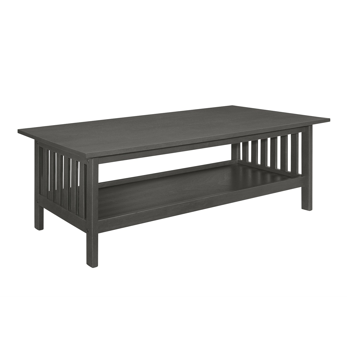 Dark grey mission style coffee table with slatted sides and lower shelf