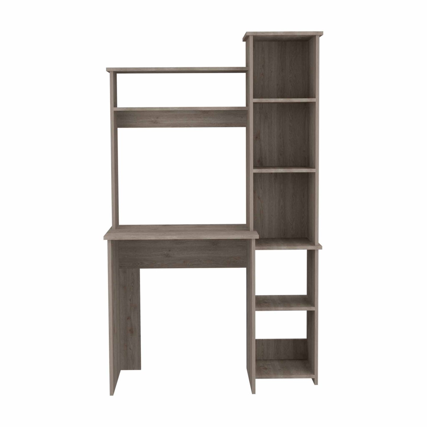 Gray wood grain computer desk with hutch and side shelving unit