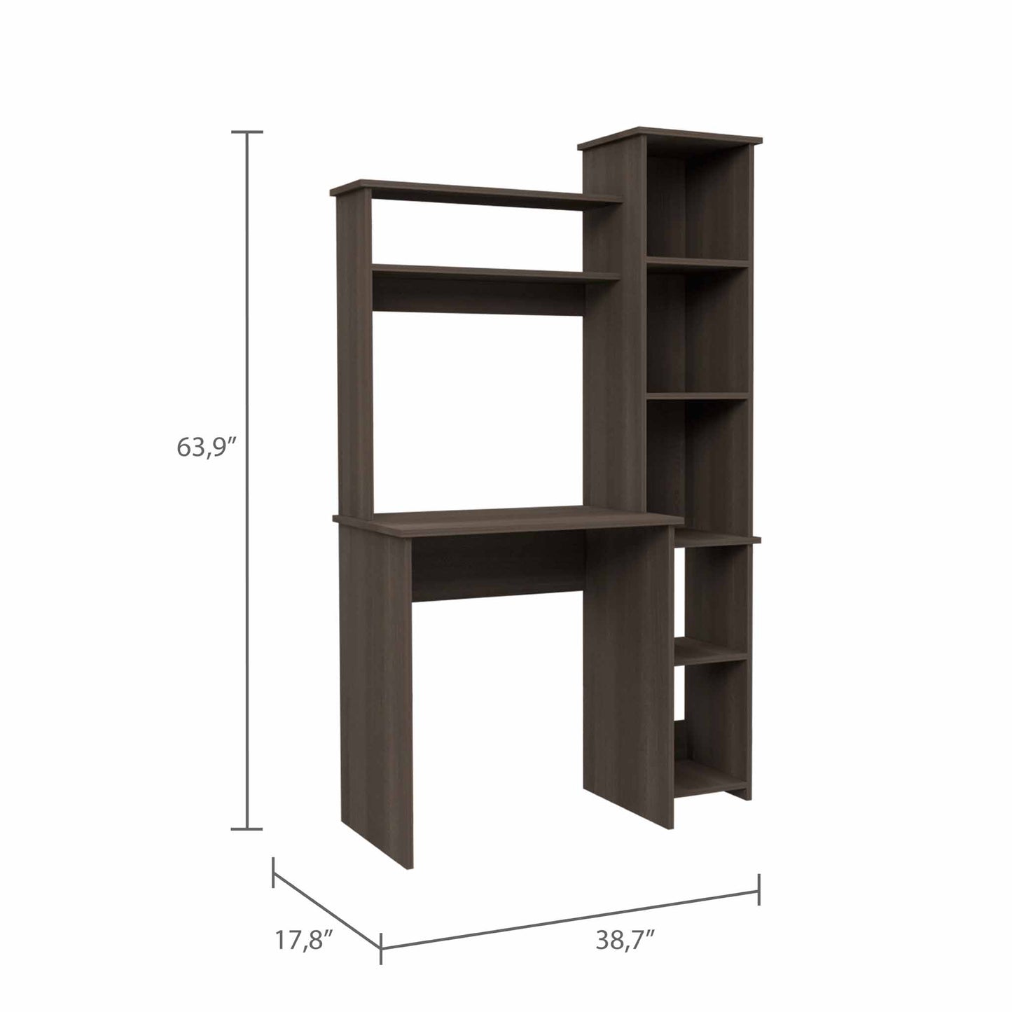 Dark brown modern computer desk with hutch and builtin shelving unit for home office