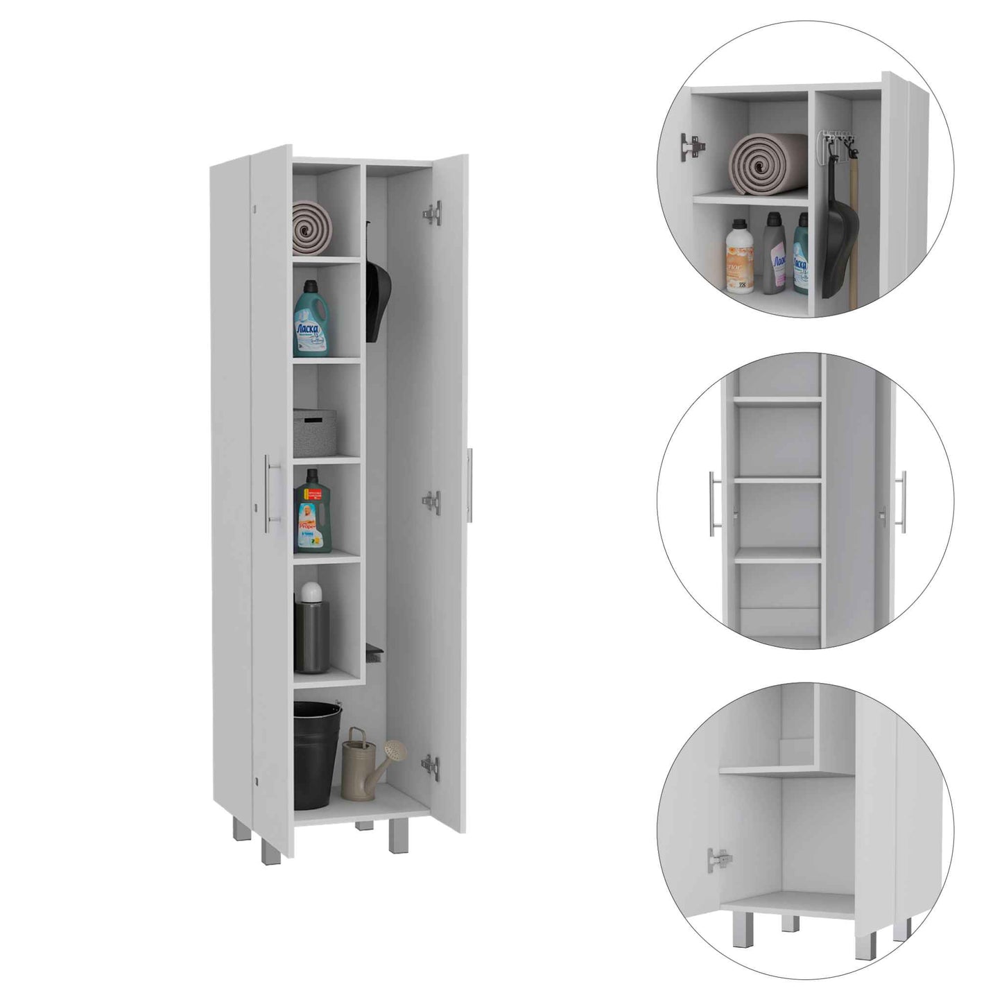 Tall white storage cabinet with open doors and shelves holding cleaning supplies