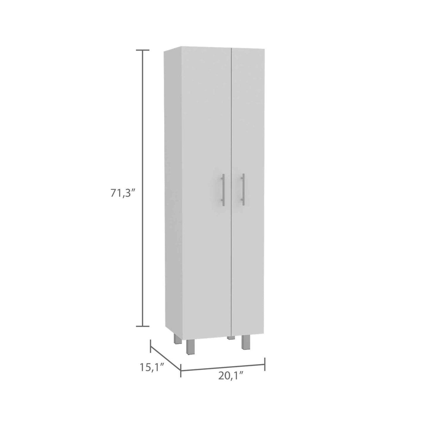 White tall storage cabinet with double doors and modern silver handles height