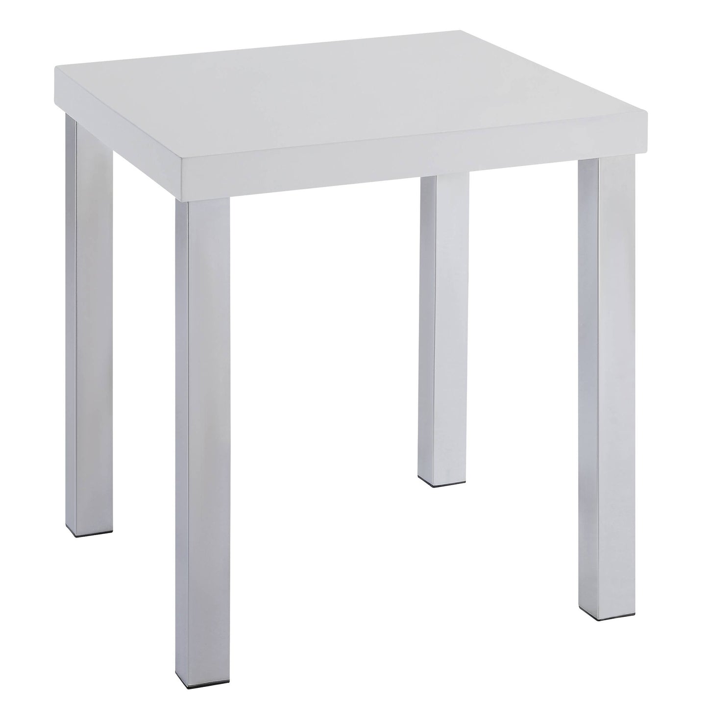Modern white side table with sleek chrome legs perfect for living rooms