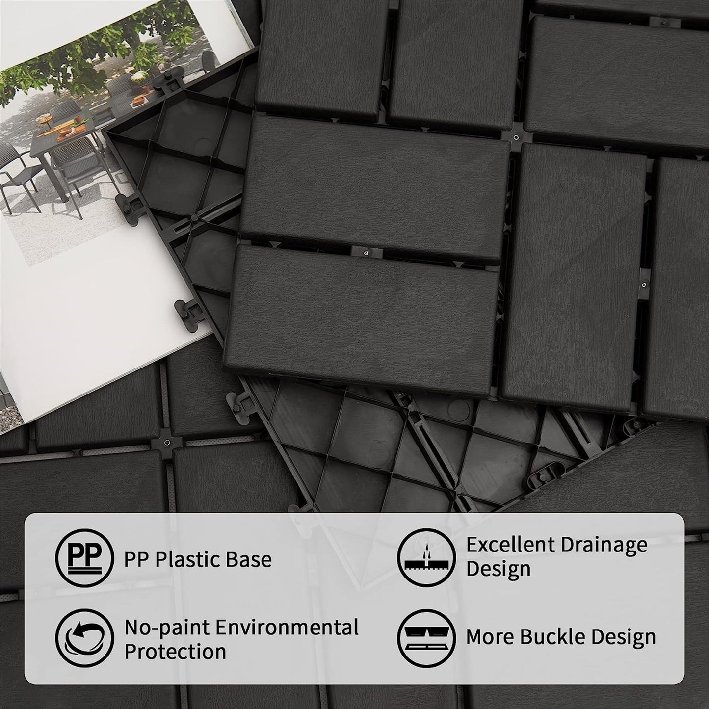 Modular deck tiles in dark gray made of durable PP plastic for outdoor patios
