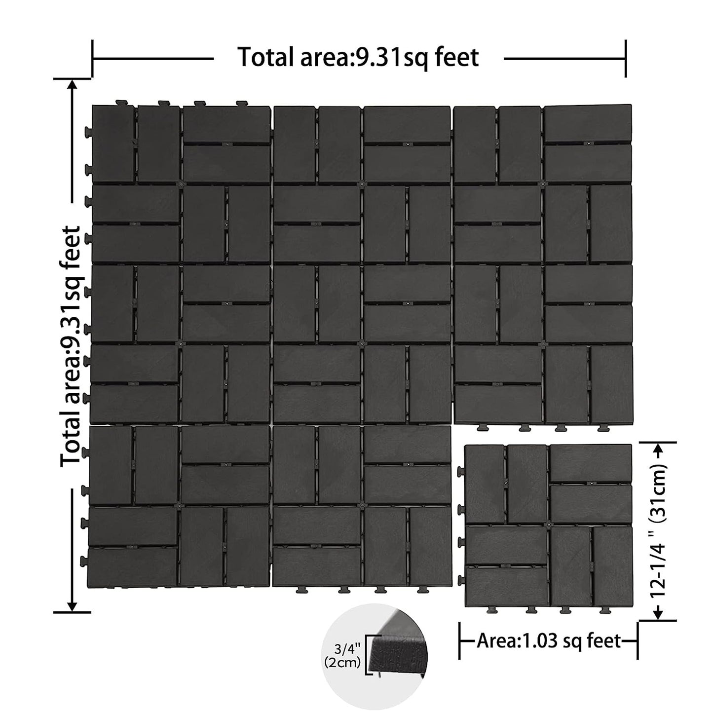 Black interlocking deck tiles for outdoor patios featuring a textured surface and inch thickness