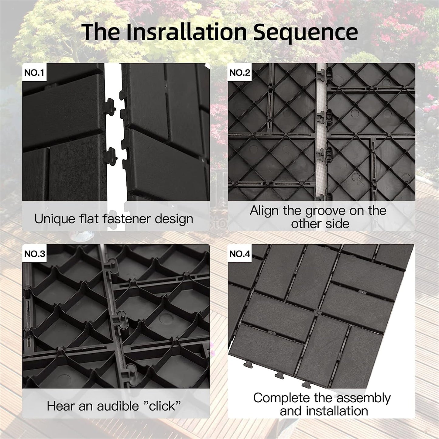 Closeup of black interlocking deck tiles with unique flat fasteners for easy installation