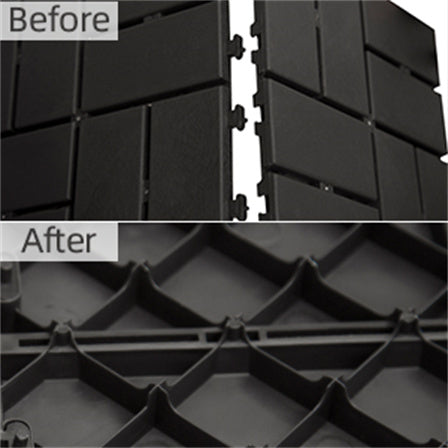 Close up of interlocking black patio tiles with a textured surface