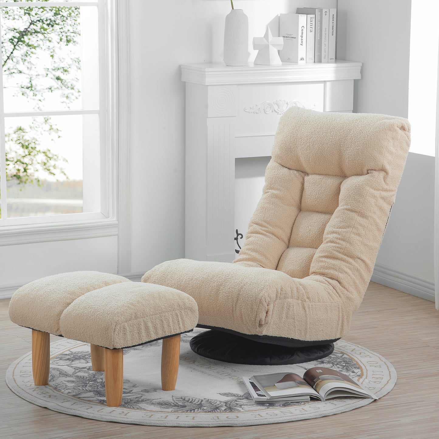 Creamy plush floor chair with adjustable back and matching ottoman for cozy relaxation