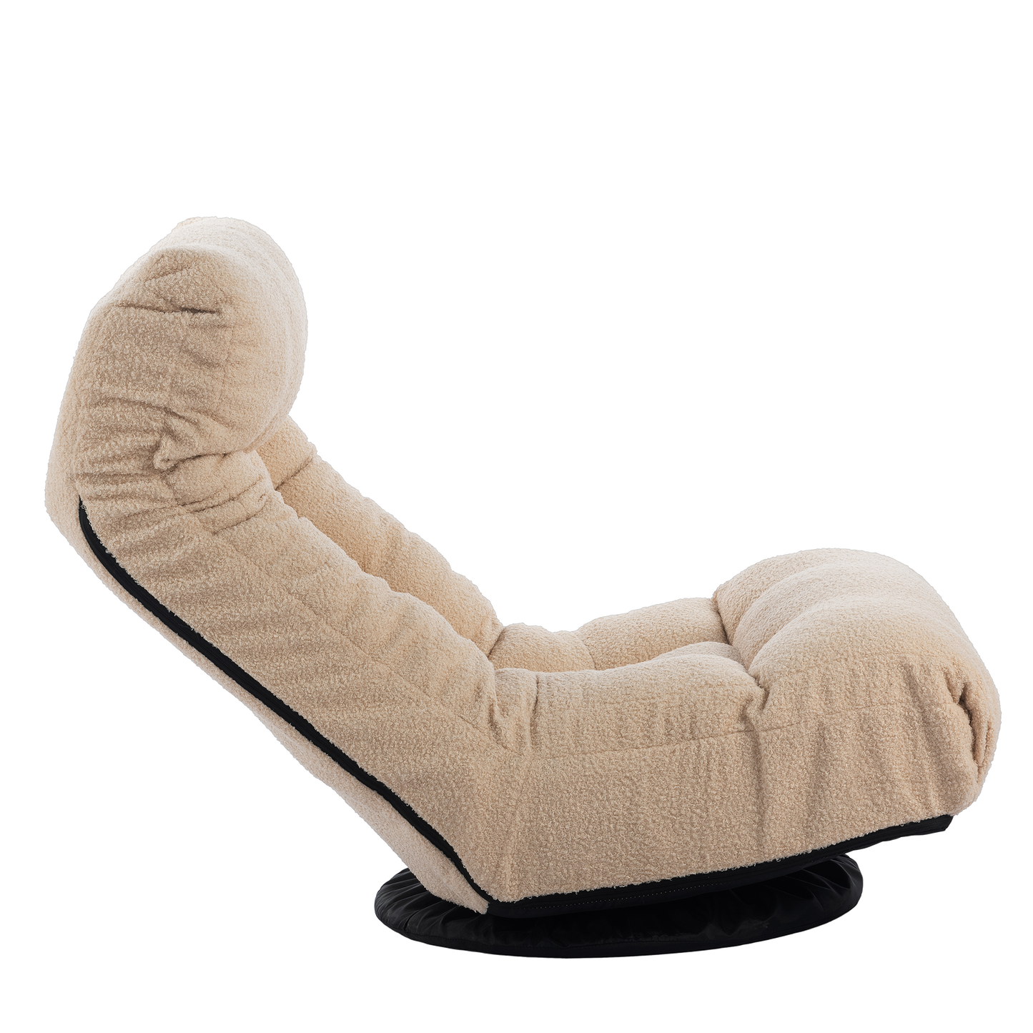 Beige teddy fabric lounge chair with plush cushioning and black trim