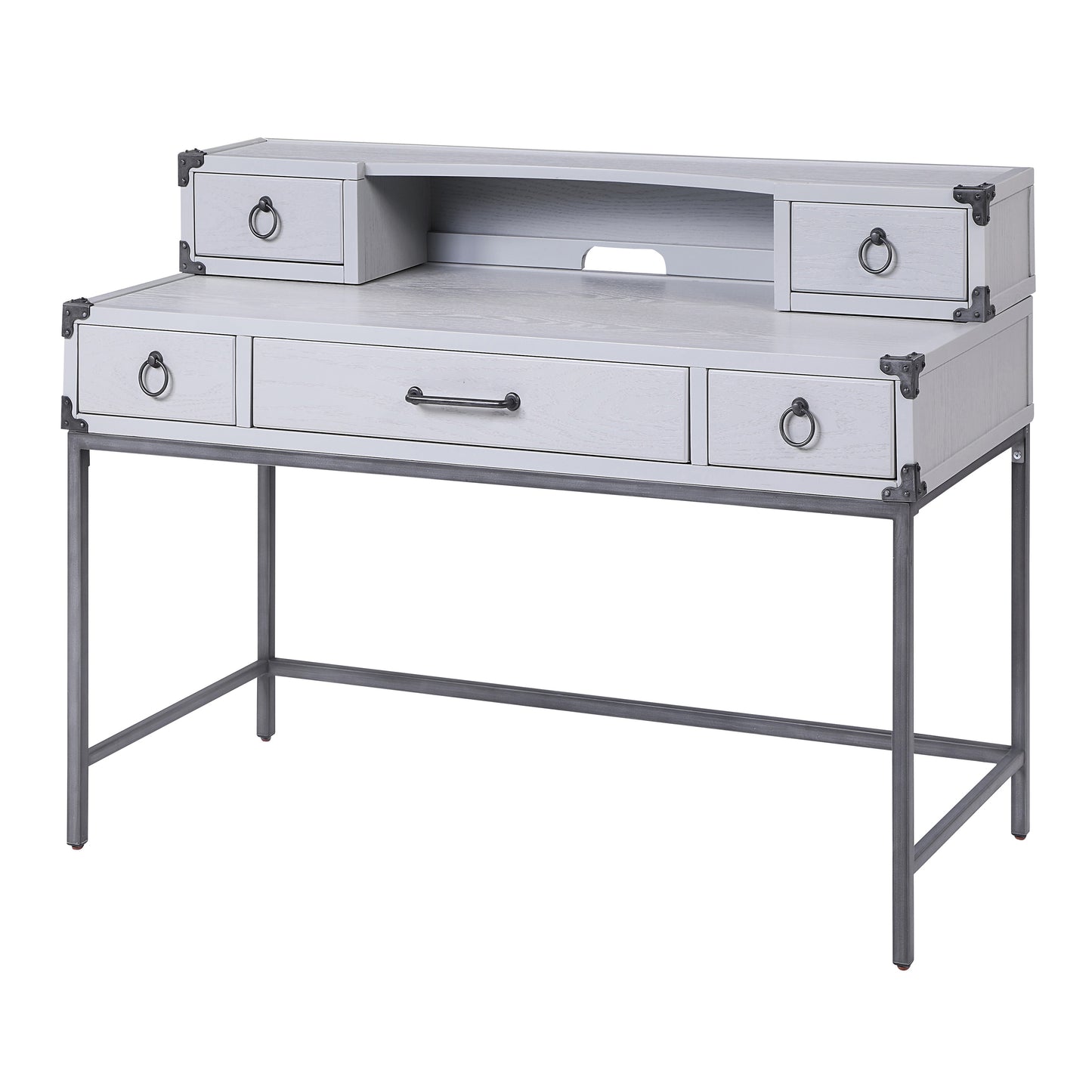 White writing desk with metal frame and ring drawer pulls ideal for home office