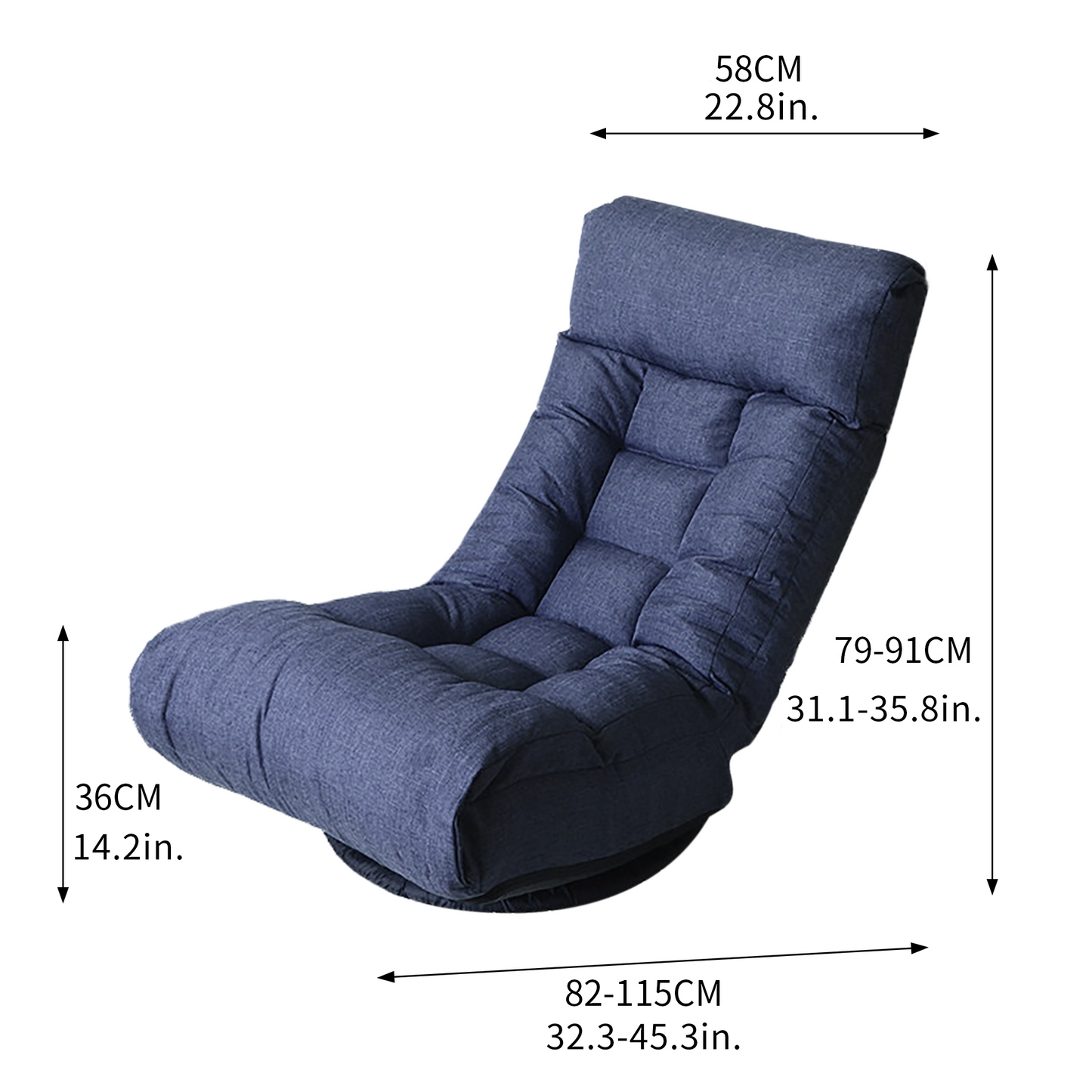 Adjustable blue fabric floor chair with degree swivel base for versatile seating