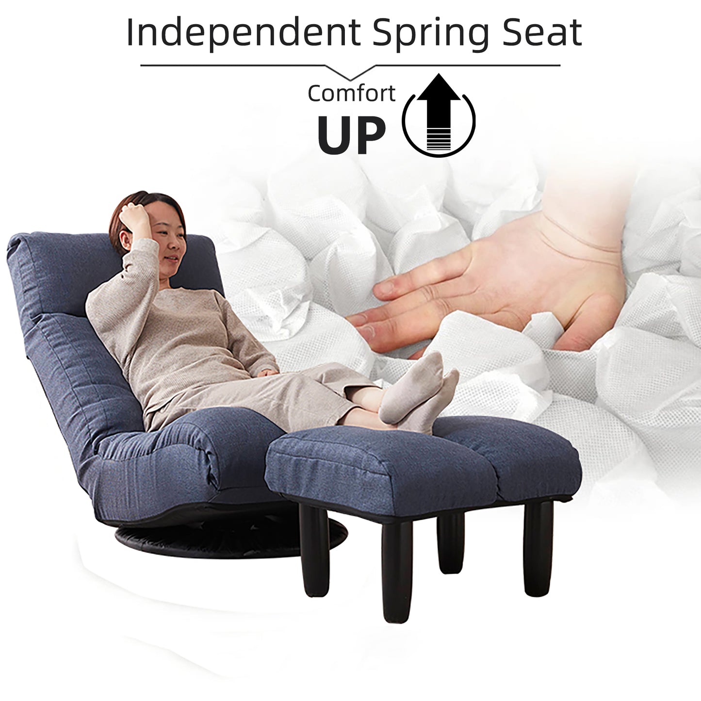 Blue upholstered floor chair with ottoman featuring independent spring seat technology