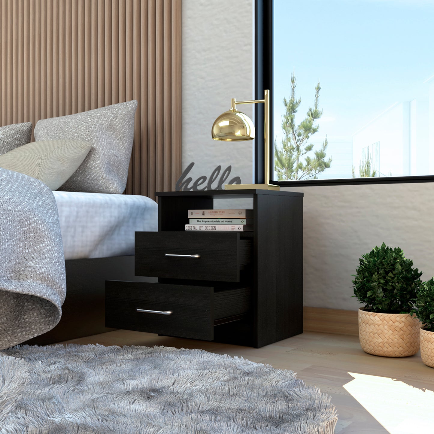 Modern black nightstand with two drawers showcasing a textured wood grain finish