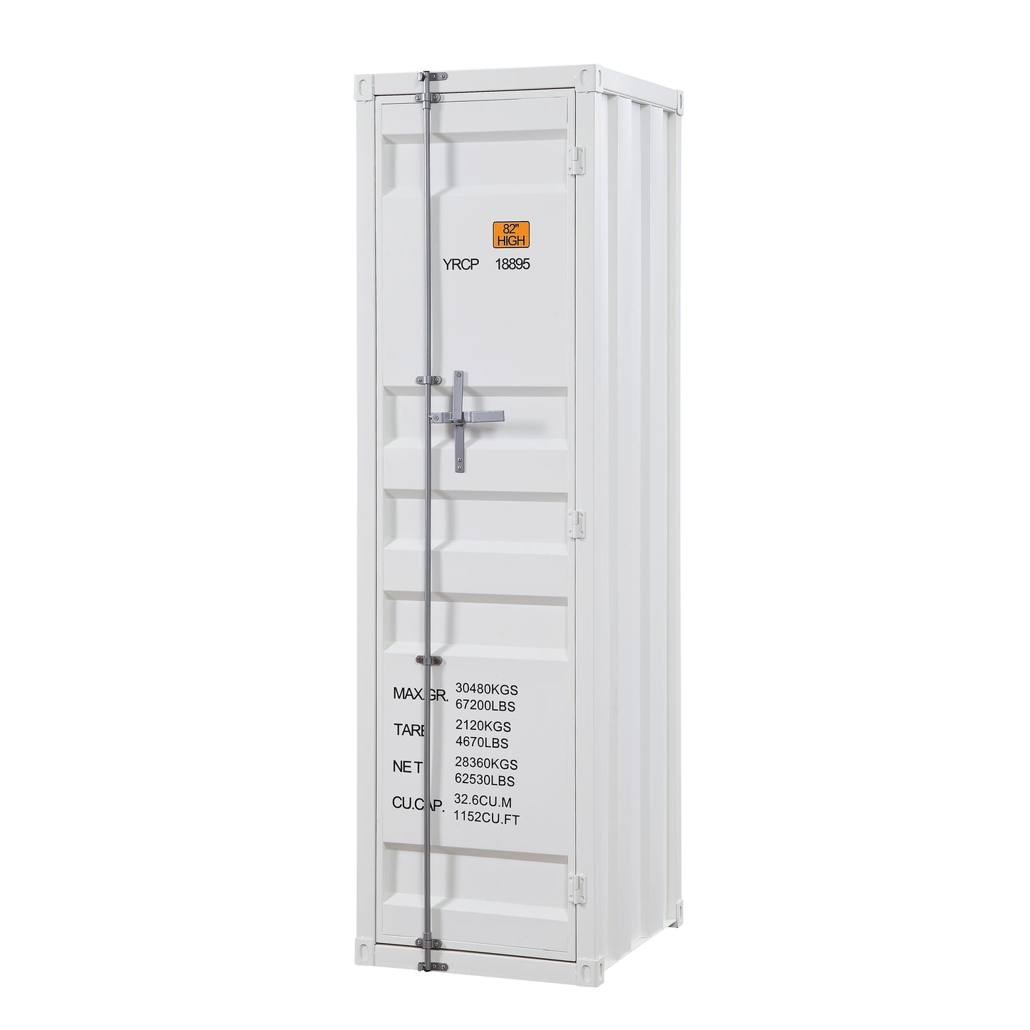 White inch high storage container with metal latch and branding