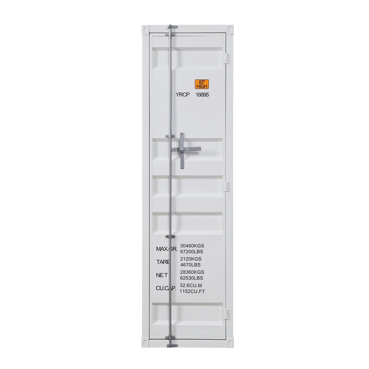 White x shipping container with secure latch and weight labels for cargo transport