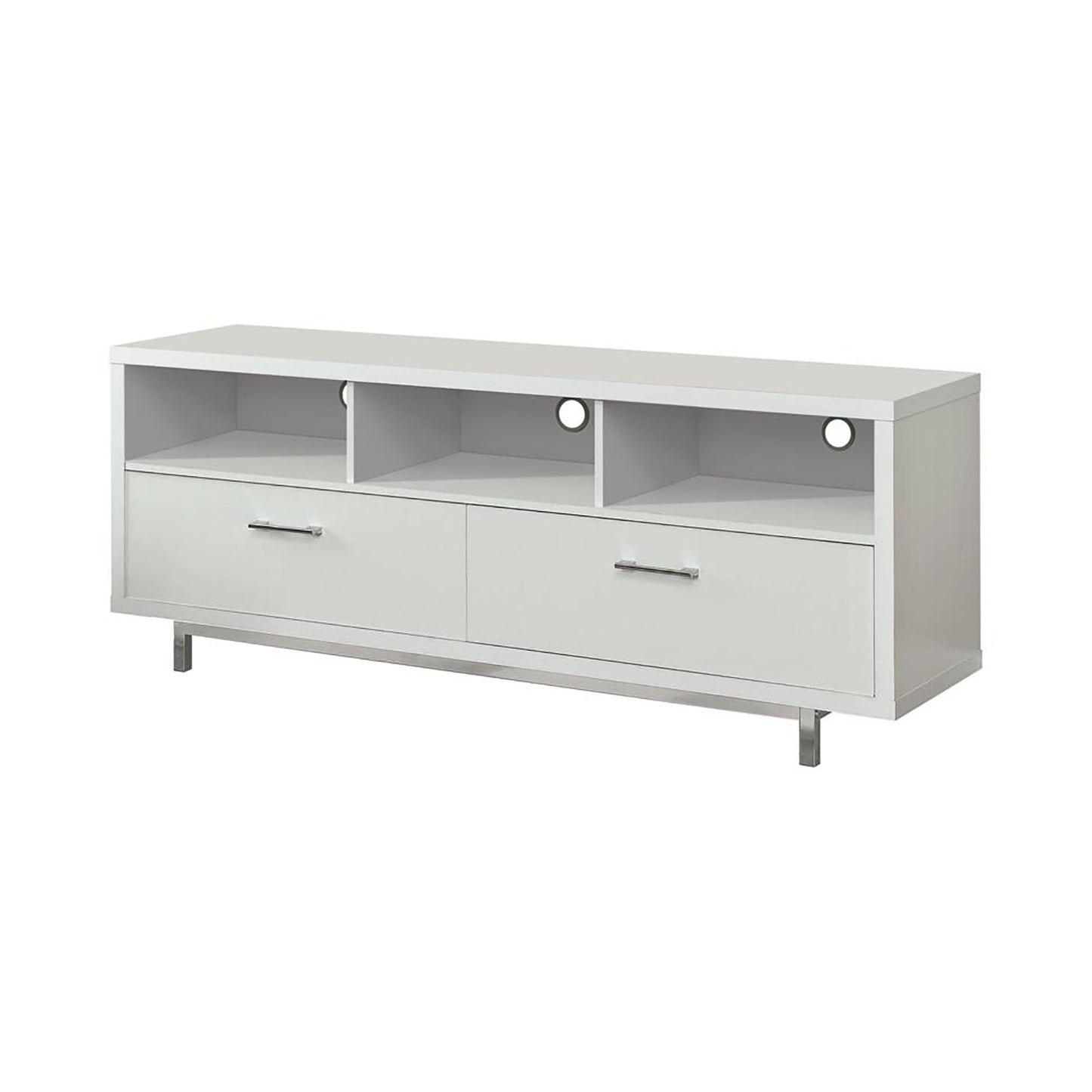 Sleek white media console with two drawers and open shelving for entertainment systems