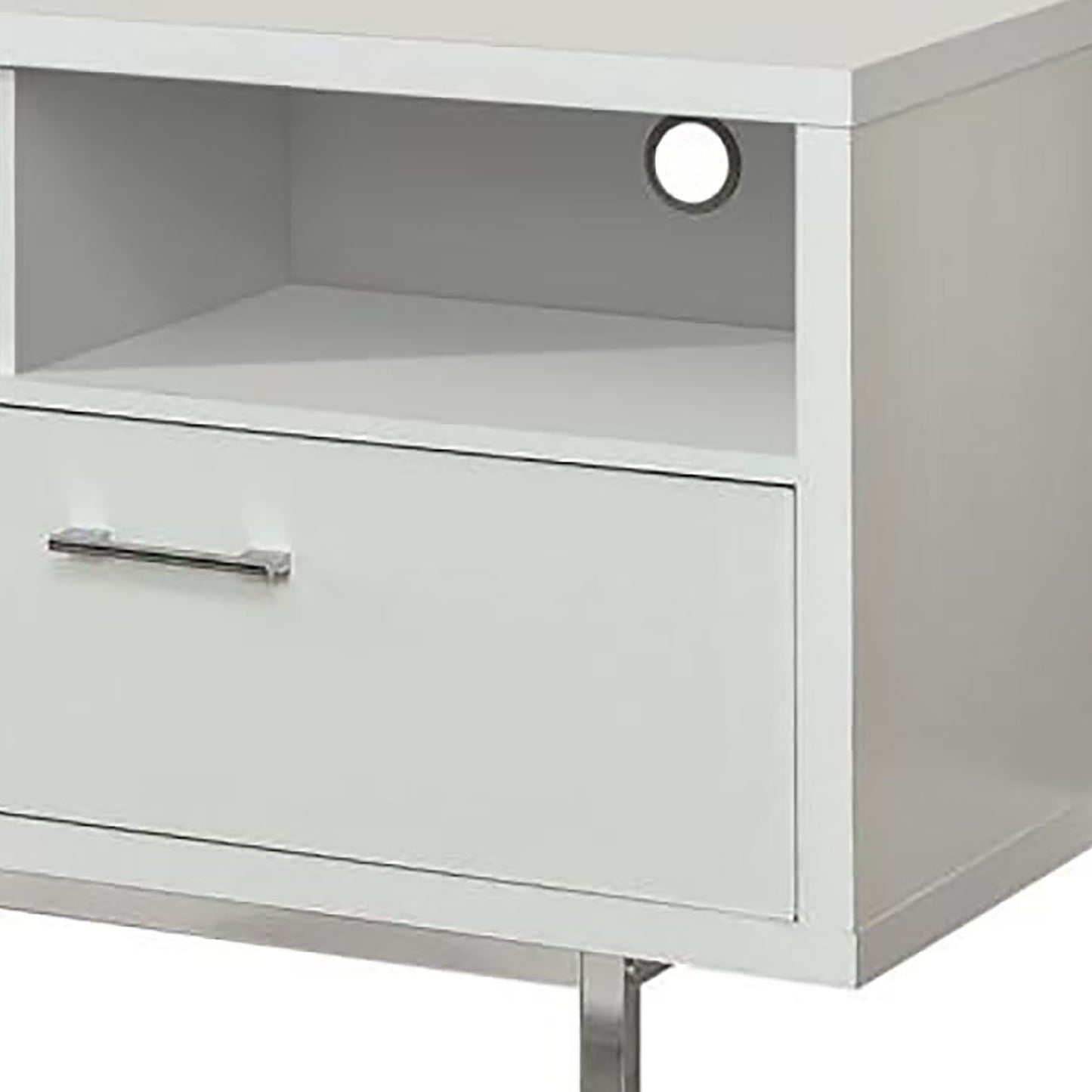 White contemporary media console with a drawer and open shelf for media devices