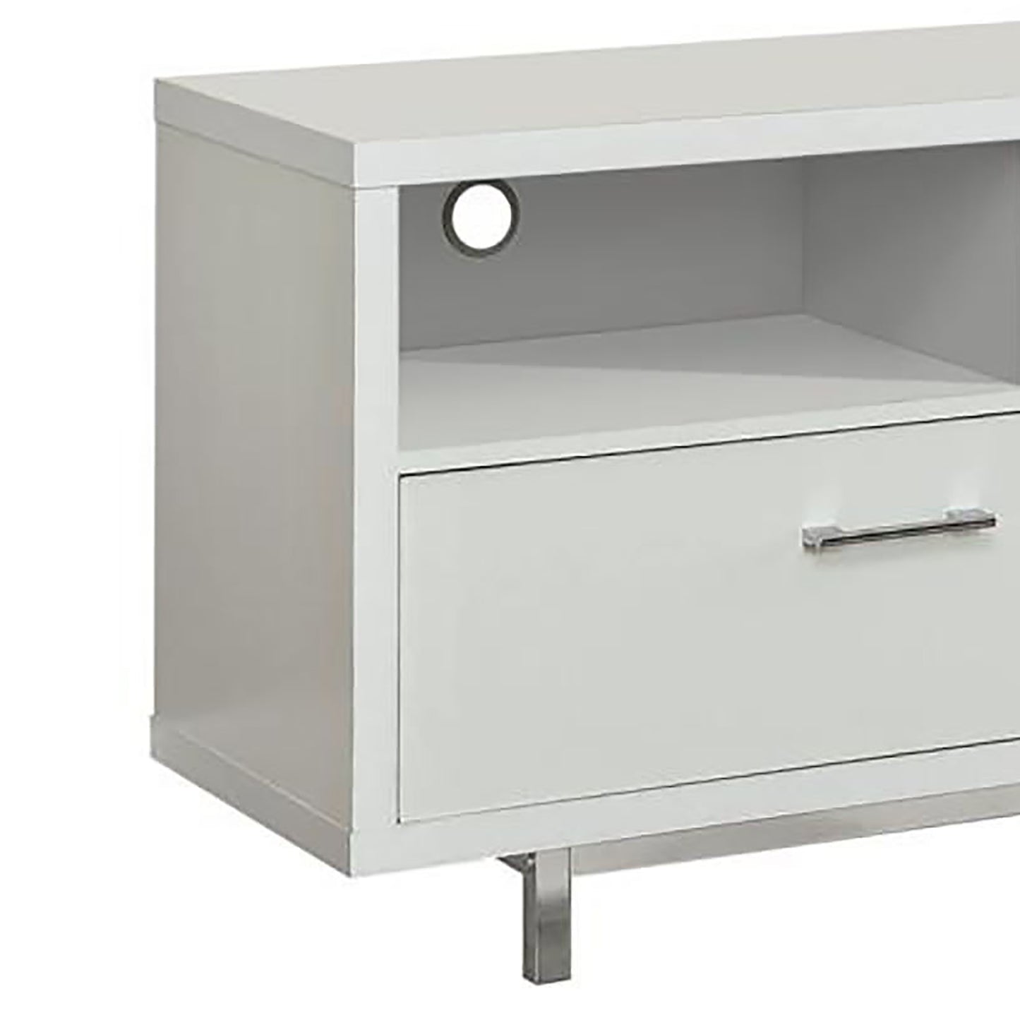 Modern white media console with open shelf and chrome drawer pull