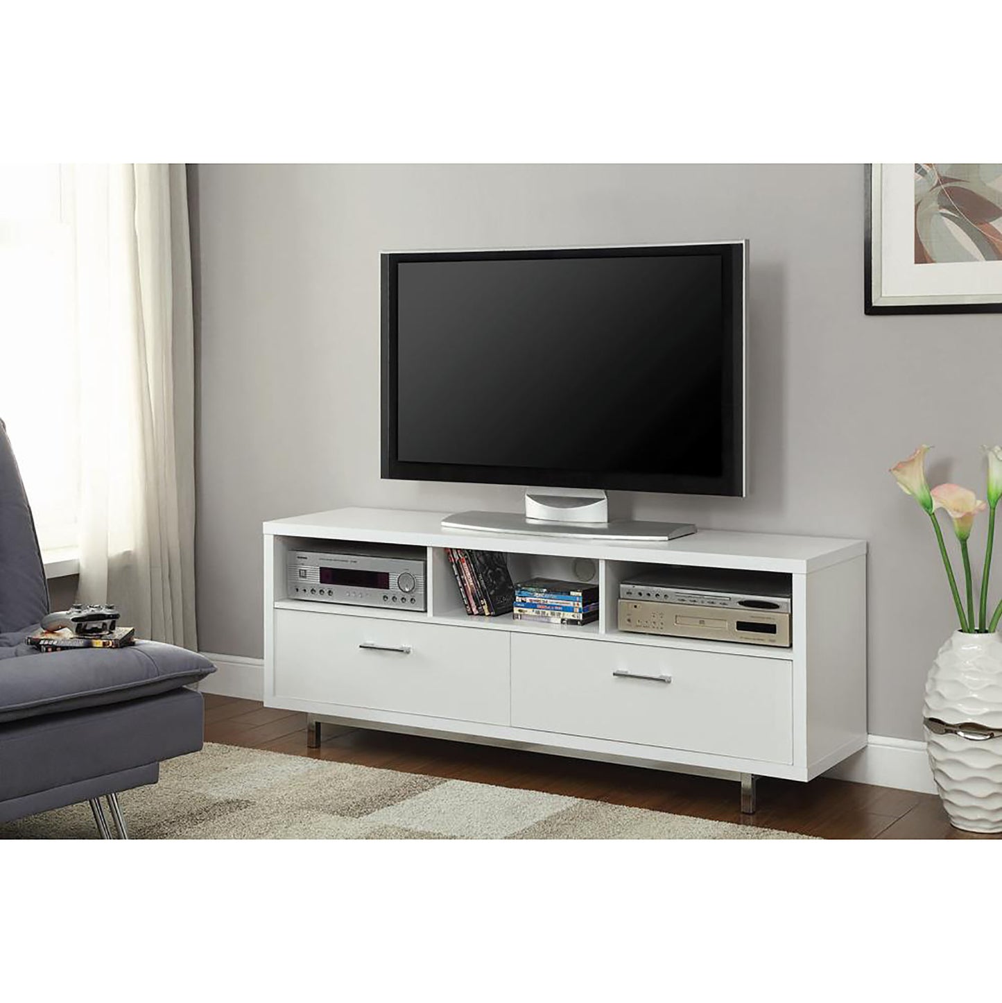 White modern TV stand with sleek chrome legs and silver hardware for media consoles