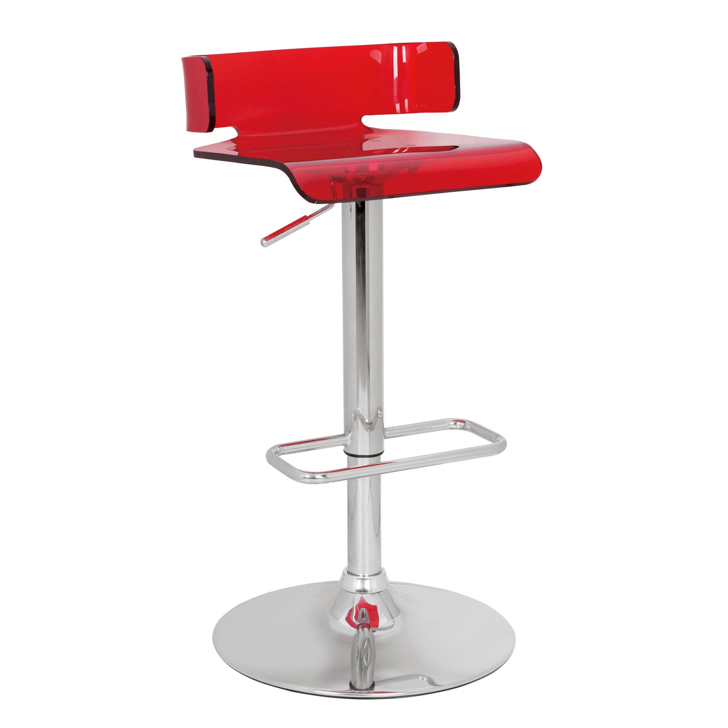 Red acrylic adjustable bar stool with chrome base and footrest