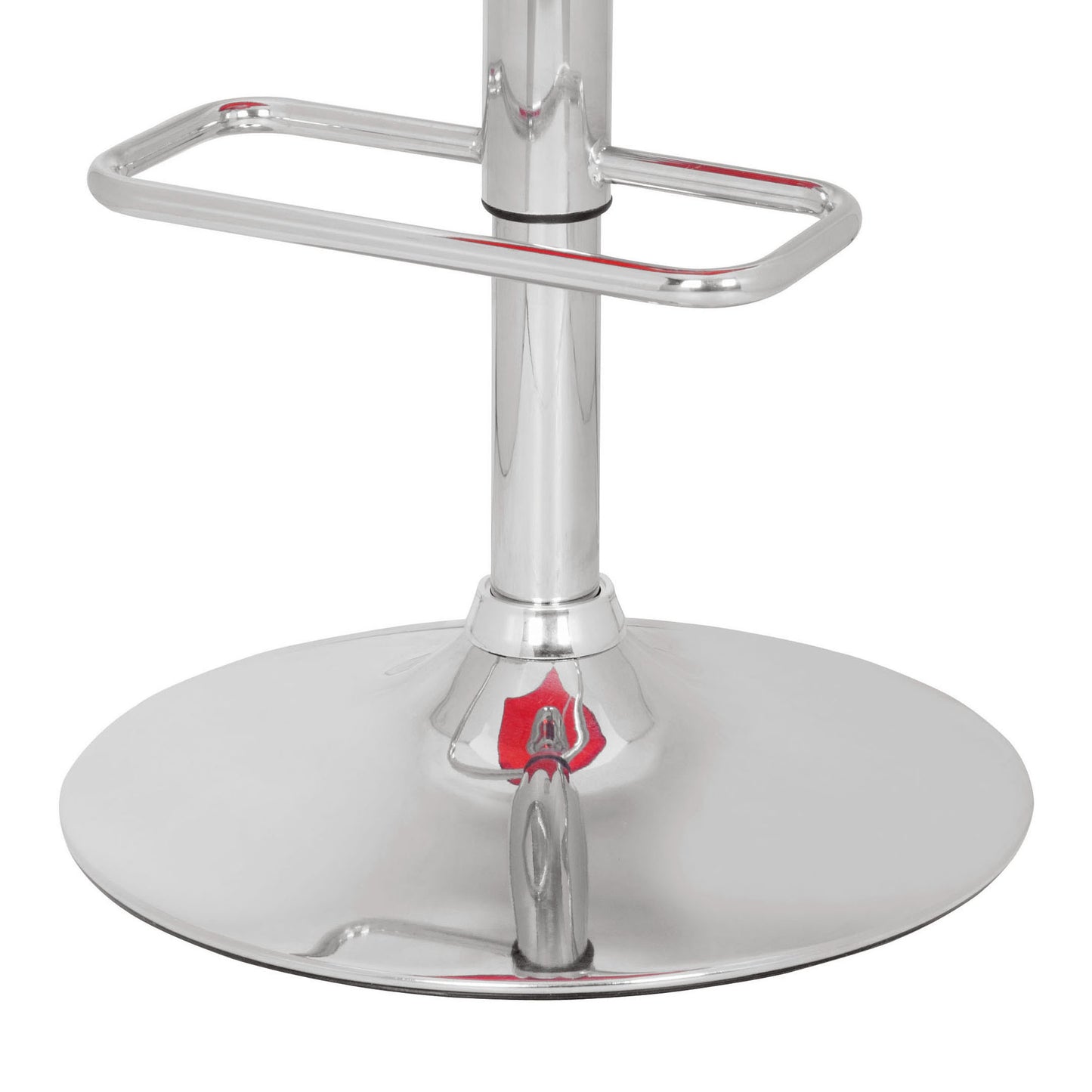 Shiny chrome bar stool base with adjustable height lever and footrest support